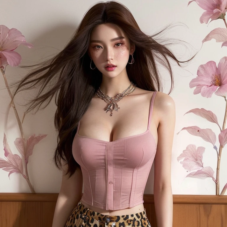 (RAW shooting, Photoreal:1.5, 8k, highest quality, masterpiece, ultra high resolution), perfect dynamic composition:1.2, Highly detailed skin and facial textures:1.2,beautiful and aesthetic:1.2,full body, Fair skin, (large breast:1.4, Chest gap:1.4),(perfect limbs:1.2),(1girl,tall,caucasian,sexy,glamour,long brunette hair, black hair pulled back, braids, sidecut, earrings,necklace,(pink top),black jacket,navel piercing, fingerless gloves, belt, (latex black shorts),sneakers),