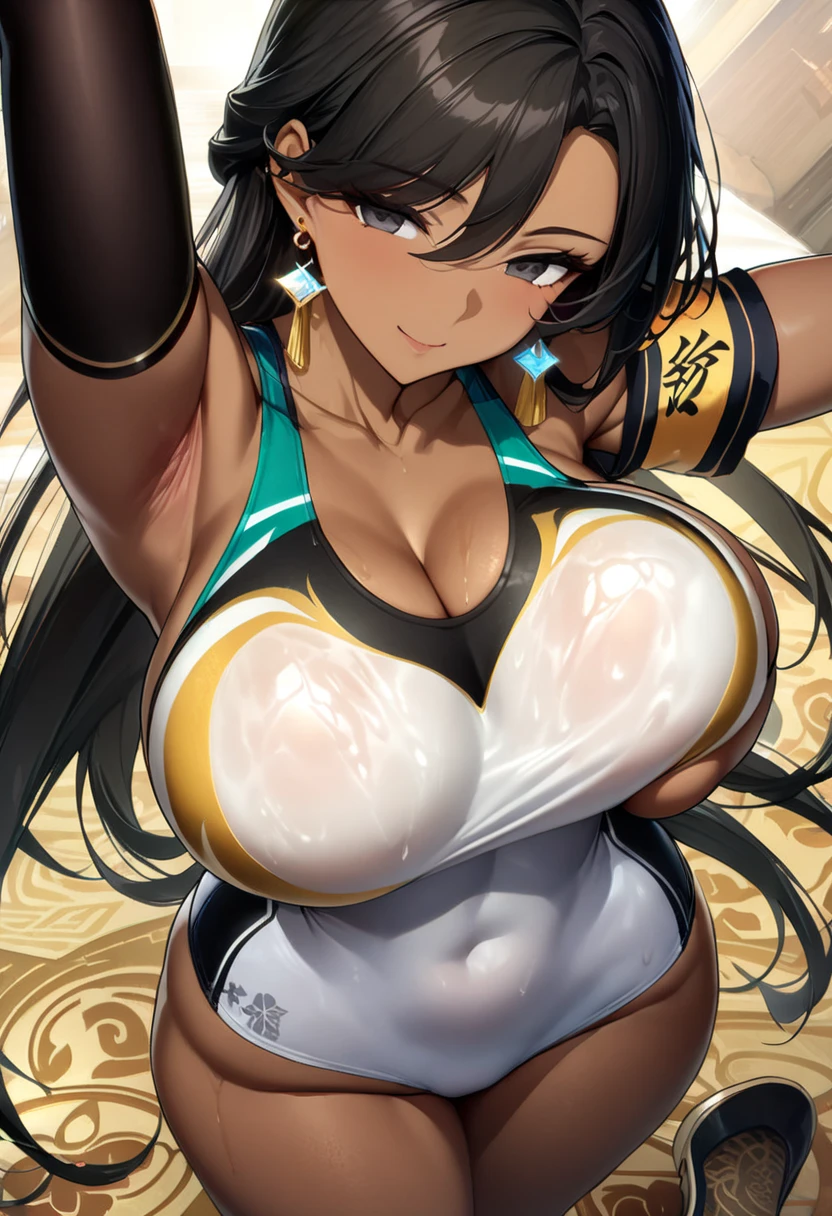 nekoyo chloe, jewelry, upper body, virtual youtuber, ninja, dark-skinned female, hair between eyes, one eye closed, solo, breasts, multicolored hair, looking at viewer, yellow eyes, blurry, black hair, blurry background, hair ornament, blush, large breasts, dark skin, bare shoulders, cleavage, two-tone hair, streaked hair, long hair, 1girl, blonde hair, bangs, shiny skin, shiny hair, in the center, (up close:1.5), arms up, (arms above head:1.5), arms behind head, armpits, (armpits into viewer's face:1.5), (looking at viewer:1.5), (eye contact with viewer:1.5), smile, closed mouth.