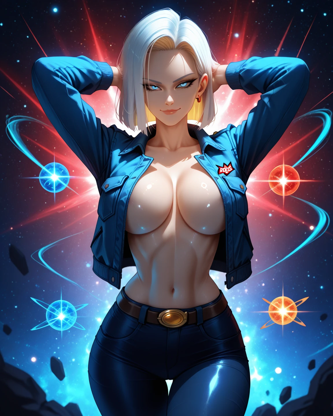 RAW photo, (high detailed skin, detailed eyes:1.1), intricate details, best quality, 8k uhd, soft lighting, Vegetto, breasts, (female:1.2), 1girl, earrings, jewelry, white gloves, spiked hair, dougi, smile, blonde hair, green eyes, super saiyan, bikini, jacket over, sexy, at bar, bartender