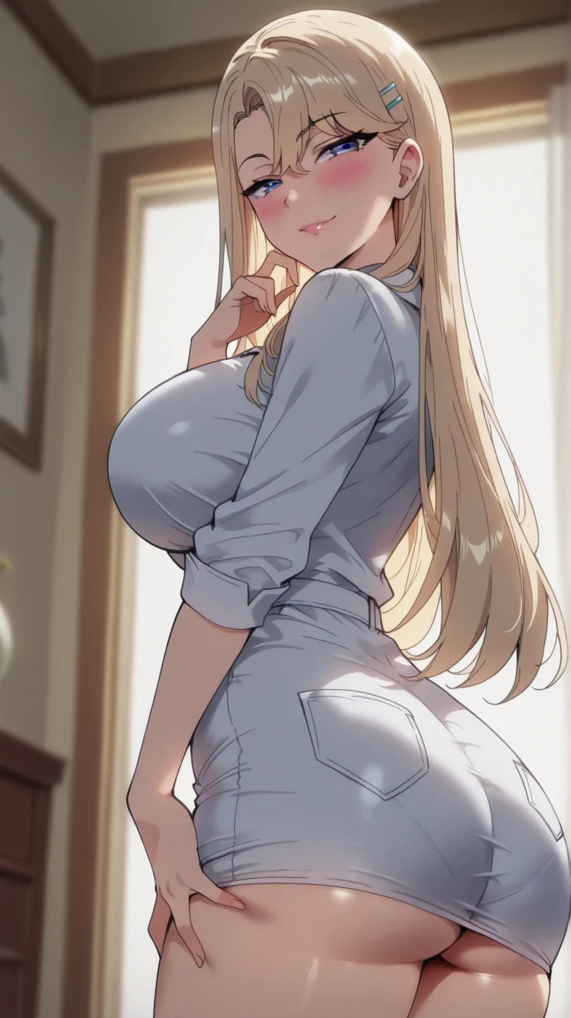 A woman with blond hair and blue eyes... Long hair She walked out the door with a sleepy expression on her face...Wear a long T-shirt... Slim profile, Fair-skinned, large boobs, Slightly blushing...,