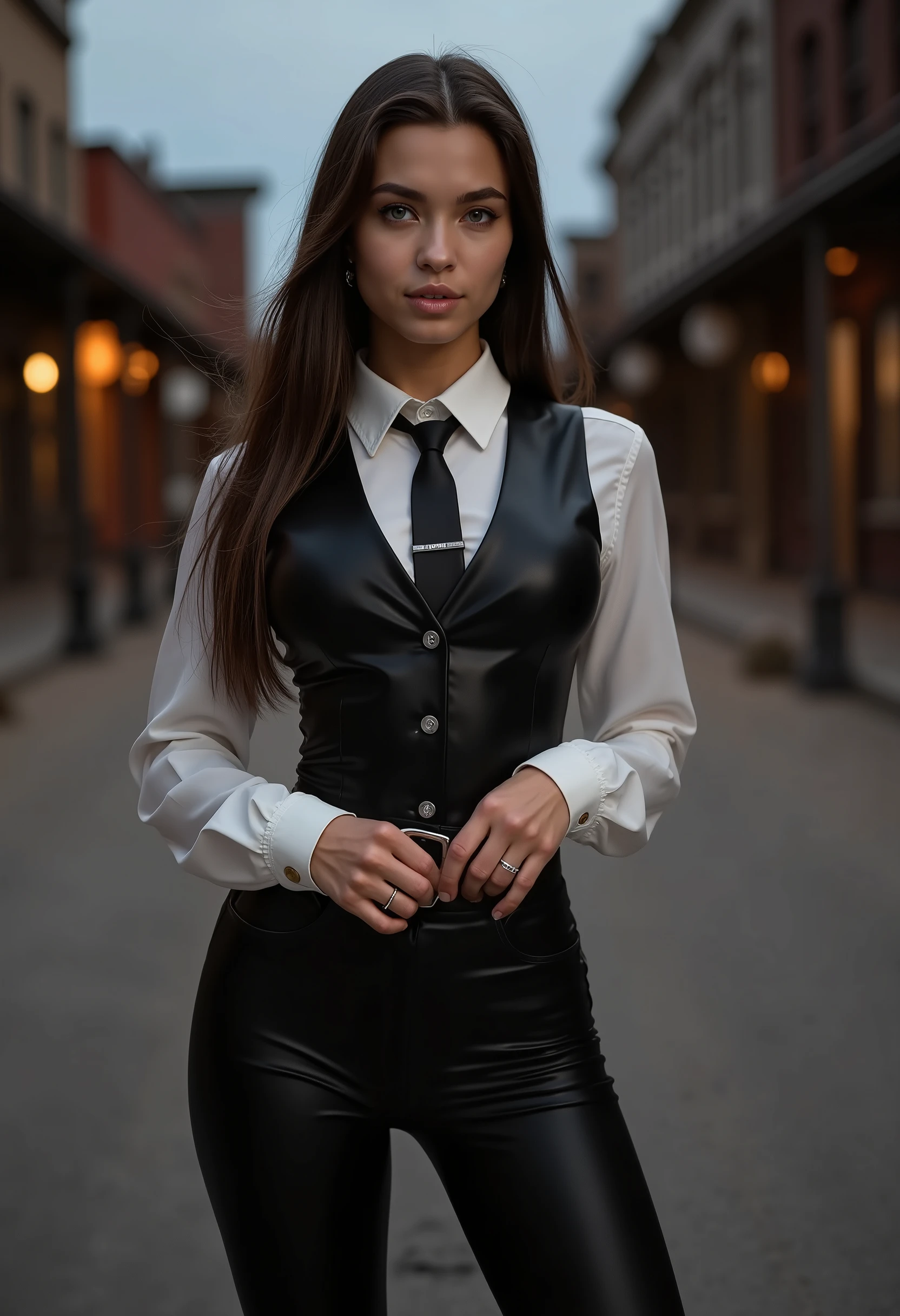 Full body beautiful sexy sensual bombshell sheriff 18 years old black long straight hair, black eyes, big breasts, wide, athletic shoulders, slim waist, long shapely legs, detailed hands, perfect eyes black leather vest, white silk shirt, black leather tie black leather tight pants, black high-heeled leather boots, standing empty dark cirka 1880s Deadwood street night twilight dark corners cinematic detailed