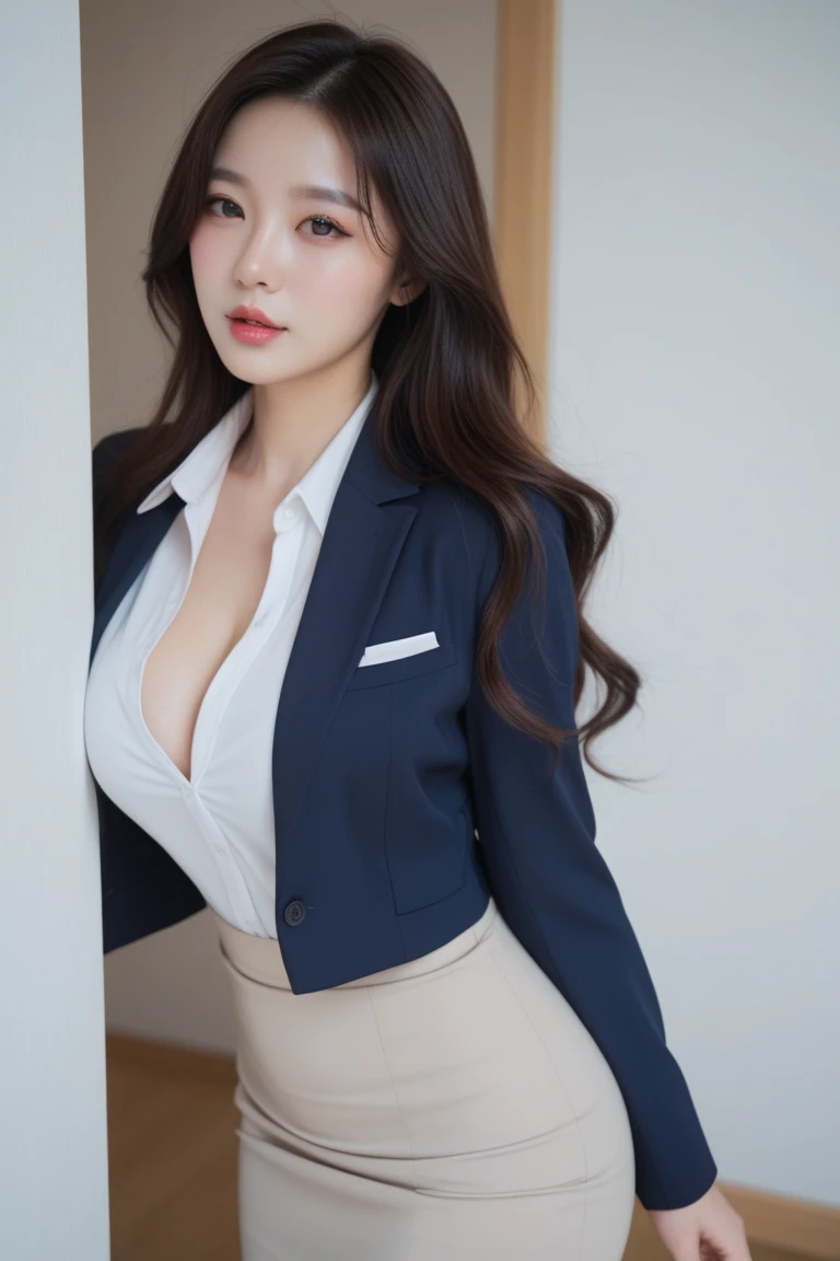 No tie、Her chest is exposed