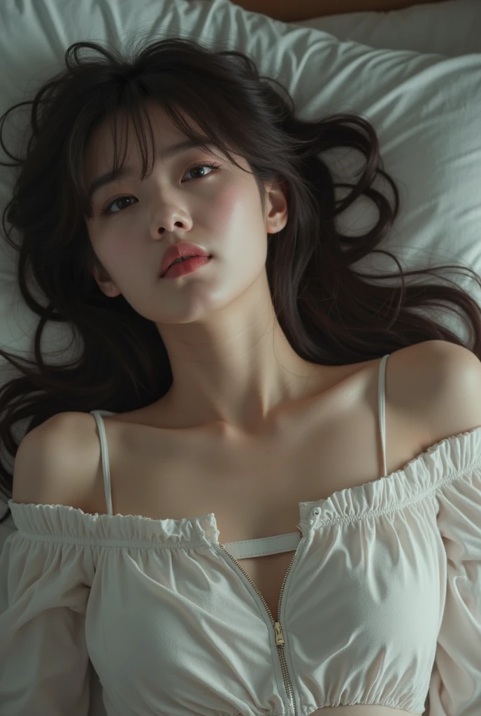 masterpiece , Best Quality, Ultra-detailed, Raw photo, Extremely delicate and beautiful, High resolution, Detailed eyes,detailed facial features, detailed arms,Detailed fingers,Detailed legs, wearing night gown, photo from above
1girl in, 25 years old, Beautiful japanese girl, Plump lips, Wavy Hair, Short hair, She has one small mole under her eye., full bed view, white night gown
(((From above))), Bedrooms, Sleeping in bed, off-the-shoulder sweater, (((Looking at Camera))), (((underlighting))), (Dark light), Film grain, SLR camera, 35mm lens focal length,((Open mouth))