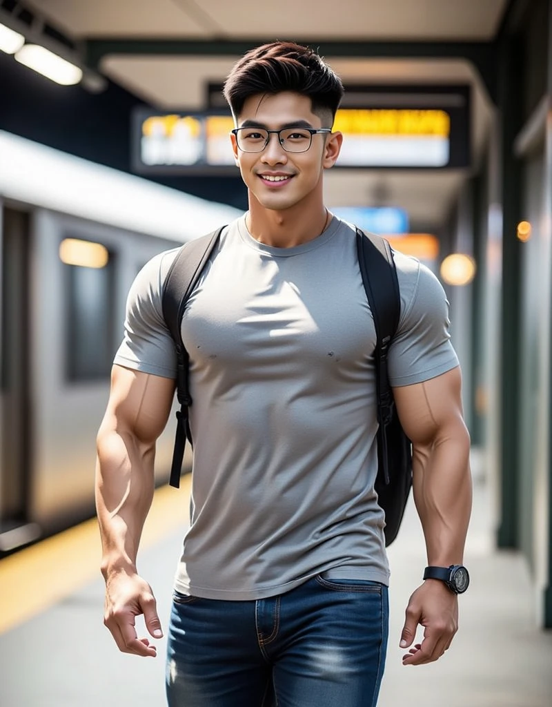 1 man Chinese-korean, erotic smile, full body, (Wearing a gray high round neck t-shirt.), Jeans, Korean people , korean men, (high glossy details), chest muscles, large arm muscles, blood vessel, big muscles, Broad shoulders, looking at the audience, Balancing the eyes, (Wear glasses), (Backpack), The background is a train station.show off panty waistband ,covered with milk dripping down