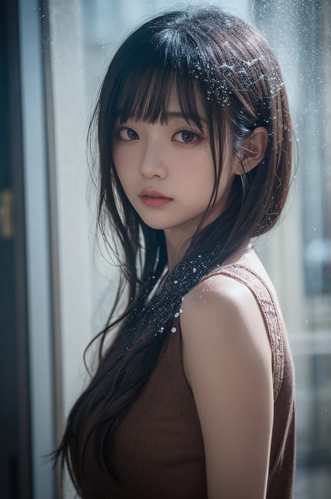A masterpie、best qualiy, 1girls, (Skindentation), {{Too huge breasts!!}}, (days), well lit, blured background, (street:0.6), (Braided bangs, hair wavy:1.5), (see-through shirts:1.8), (negligee:1.8),gorgeou, (Floating hair:1.2), (dinamic pose:1.8), Soft lighting,