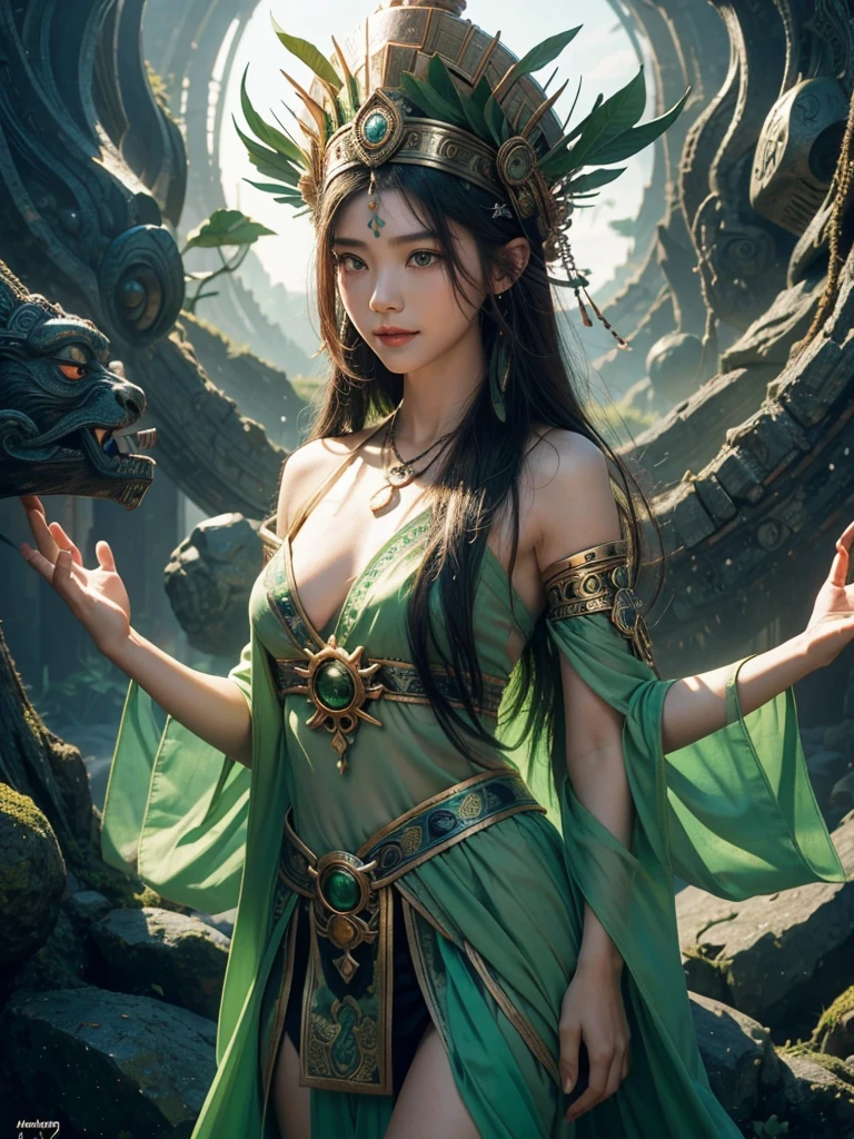 1 girl. Beautiful teenage girl. 12 years old. Beautiful Indonesian tribe princess. White skin. Powerful shaman. Indonesian Hogwarts. Shaman student. shaman tribe hat. Black hair. Green sexy transparent shaman suit no pants. No bra. No underwear. Green shaman cloak. Flat chest. Holding the green orbz. Green emerald large necklace. shaman room. Beautiful face. Standing pose. Short body. Shaman statue. Green temple. Shamanic logo on the wall. Smile.