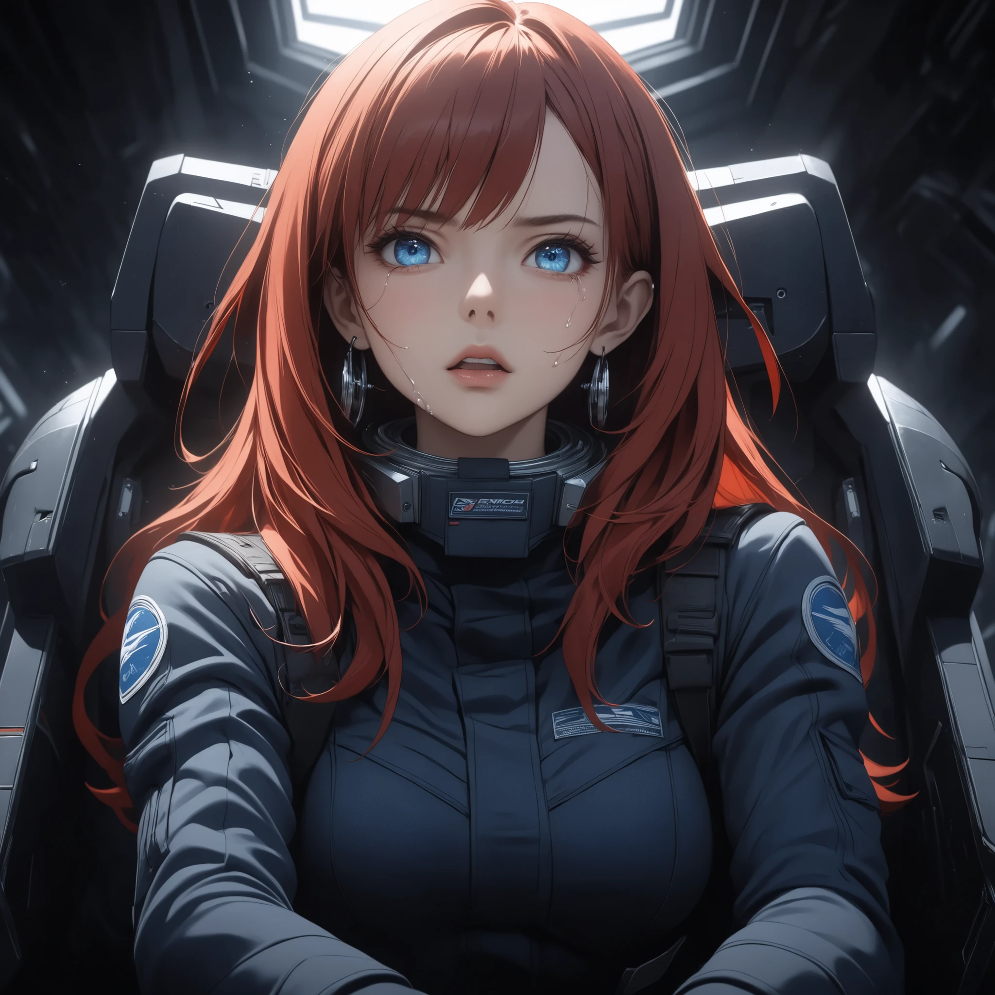 ((extreme quality)), ((Masterpiece)), (( Enrich the picture, Masterpiece level quality)), red hair , Mid-length Layers hair , medium breasts , blue eyes , fierce woman , extreme eyes details, raw 4k, perfect proportions , extreme hair detailed, extreme cloth detailed, extreme detailed , extreme background detailed, ((great effect to highlight the subject)) , ( cinematic lighting , moody , textile shading) , perfect proportions , extreme detailed , volumetric lighting , soft lighting , glossy skin, glossy hair, beautiful face , extreme face details, Detailed facial features , Long eyelashes, Incredible atmosphere, Fascinating setting, dynamic pose, ear rings , eff pilot , black flight suit , gundamwingcockpit, sitting, crying face, I'm screaming with my mouth open,