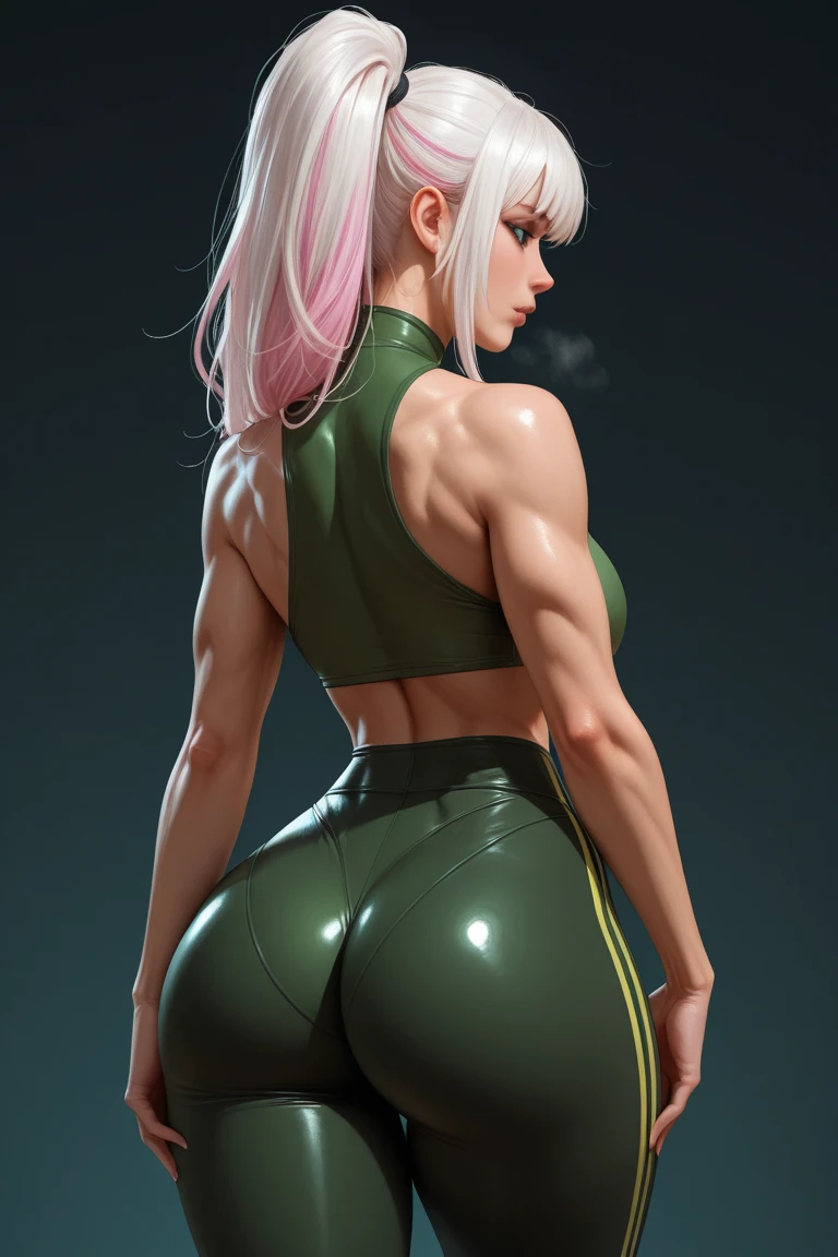 (Bent over on floor:1.3), Generate an illustration of a mature Jade Cargill, ((wwe)), silver hair , (black skin), de terno preto, (black bra:1.3), short hair, hair combed back, (gigantic breasts:1.3), in anime format with a serious style, (neon green unitard), ((warm lighting)), black boots, gothic make up, masterpiece, ((dark lighting)), black background, (puffy lips),((slendered abs)), beautiful face,