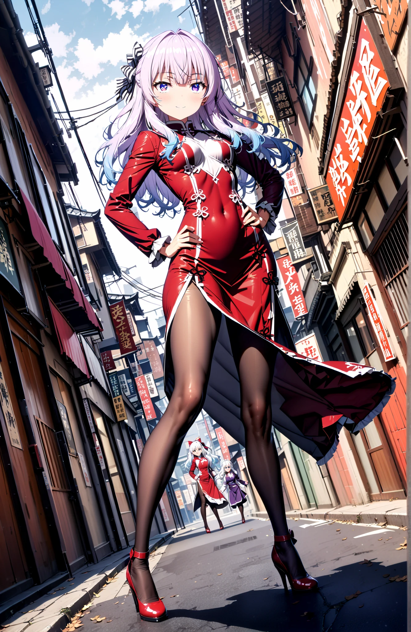  Sakayanagi Alice, long hair, solo,bungs, PURPLE EYES, white hair, blunt bungs,White Chinese clothing,long slit,black pantyhose,pin heels,standing,Grab your hips with your right hand,smile,blush,mouth,angle from below,full bodyがイラストに入るように,in their 40s looking at viewer,full body,
in their 40s outdoors,Chinatown,
in their 40s (masterpiece:1.2), best quality, high resolution, Unity 8Kの壁紙, ( illustration :0.8), (beautiful detailed eyes:1.6), very detailed face, perfect lighting, very detailed CG, (perfect hand in h, perfect anatomy),