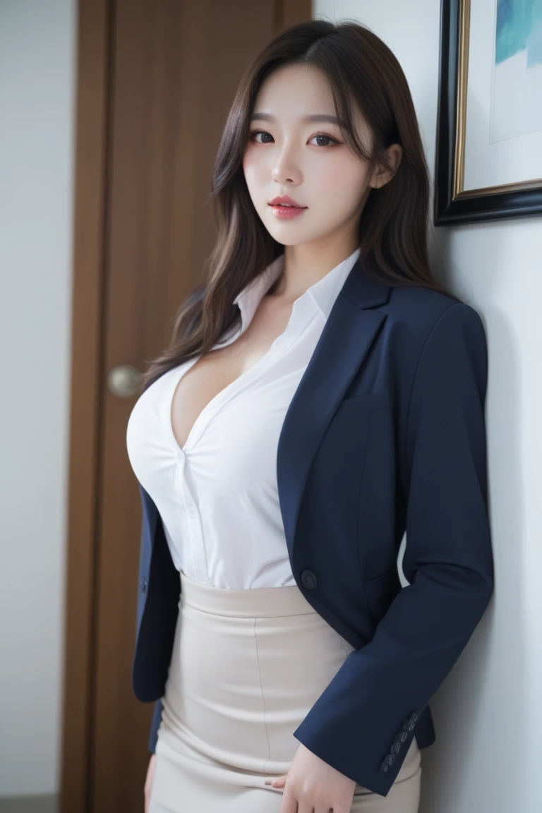 (very cute girl) ,(, Korean ), (RAW photo:1.2), (realistic:1.4), very detailed eyes and face, beautiful and fine eyes, huge file size, Super detailed, High resolution, very detailed, masterpiece,unified, 8k wallpaper, wonderful, small details, masterpiece, highest quality, , light shines on your face, cinematic lighting, 1 girl, ((big breasts:1.4)), (underboob: 1.2),((1 girl gorgeous brown long hair), (((saggy breasts))),(((business uniform, white blazer, very short skirt,)))), (((white clothes))),