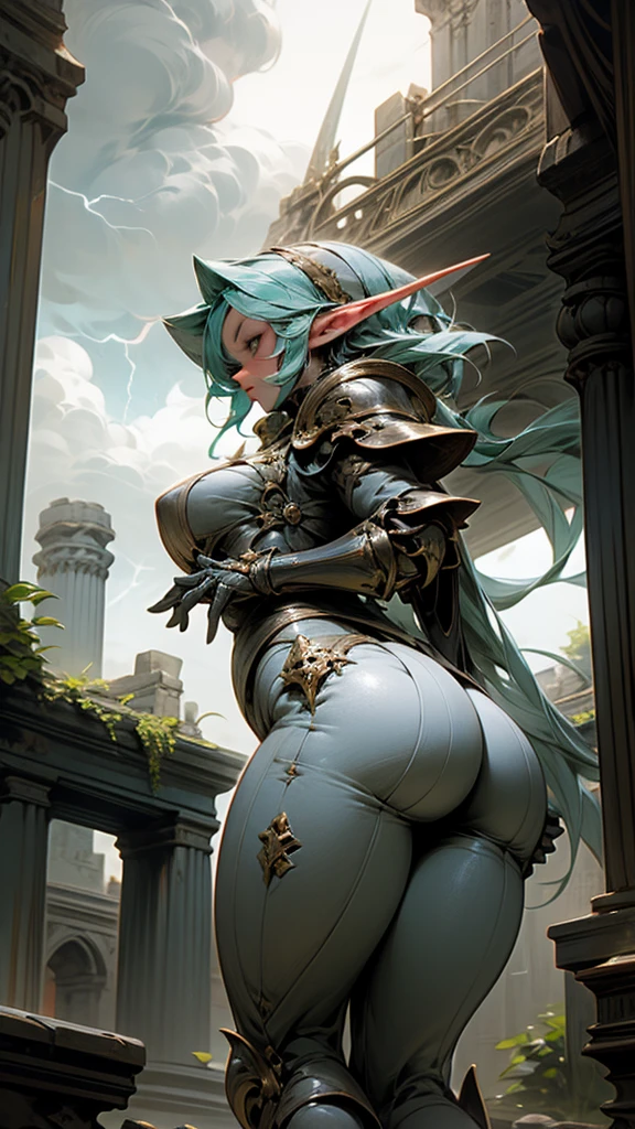 8K, Best Quality, Masterpiece, Ultra High Resolution, (Realism: 1.4), (Realistic Skin Texture: 1.3), 1 Beautiful Elven Woman, Long blue hair, background castle, sexy black knight armor, urinating, peeing, pissing, hairy vagina, hairy pussy, hairy vulva, top-down bottom-up