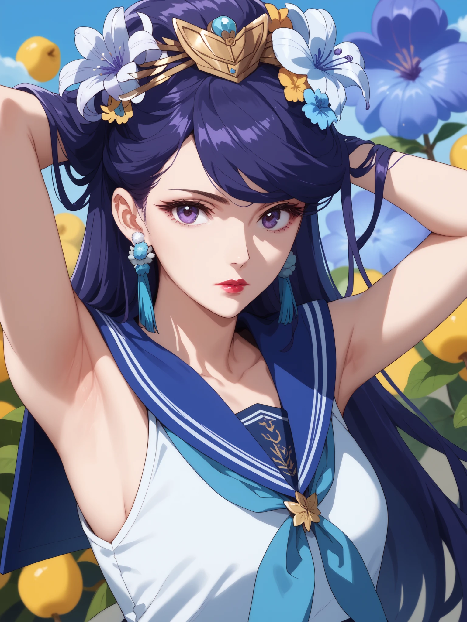 best quality, masterpiece,armpits,(stare at the viewer),Pear Blossom,Every Single Person at the Drugstore,sleeveless,Chest,((((Sailor Suit)))),long hair, purple eyes, purple hair, flower, earrings, hair flower, lipstick,