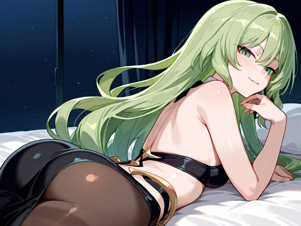 masterpiece, best quality, ultra-detailed, illustration, kawaii, detailed light, happy, smile, blush, Highlights hair, hair, beautiful detailed body, detailed sparkling eyes, 1girl, looking back, showing skin, buttocks, bare thighs, perfect limbs, underwear, on bed, full view of buttocks, showing buttocks, in heat,, legs open, show vaginal rupture, long green hair
