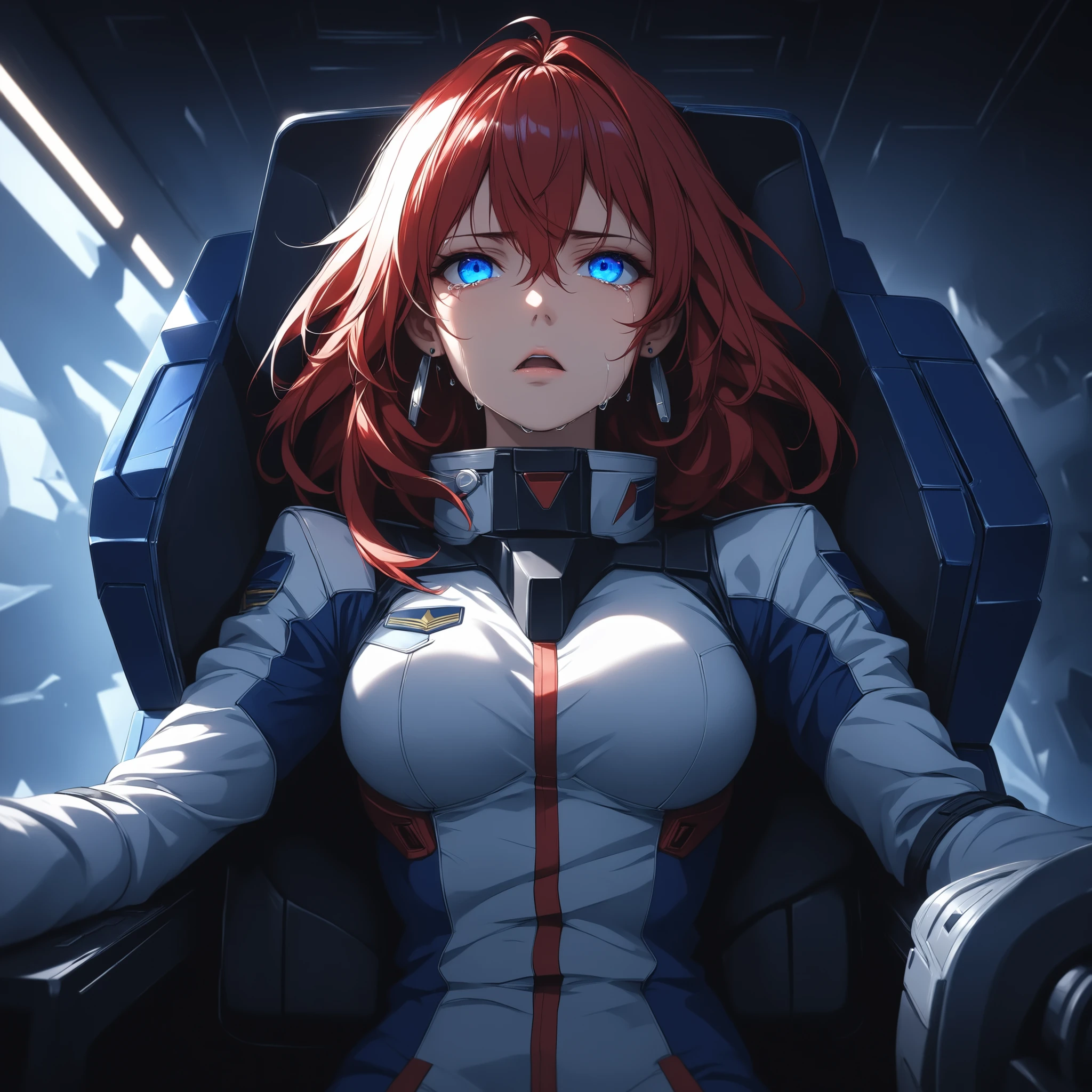 ((extreme quality)), ((Masterpiece)), (( Enrich the picture, Masterpiece level quality)), red hair , Mid-length Layers hair , medium breasts , blue eyes , fierce woman , extreme eyes details, raw 4k, perfect proportions , extreme hair detailed, extreme cloth detailed, extreme detailed , extreme background detailed, ((great effect to highlight the subject)) , ( cinematic lighting , moody , textile shading) , perfect proportions , extreme detailed , volumetric lighting , soft lighting , glossy skin, glossy hair, beautiful face , extreme face details, Detailed facial features , Long eyelashes, Incredible atmosphere, Fascinating setting, dynamic pose, ear rings , eff pilot , black flight suit , strike freedom gundam cockpit, sitting, crying face, I'm screaming with my mouth open,