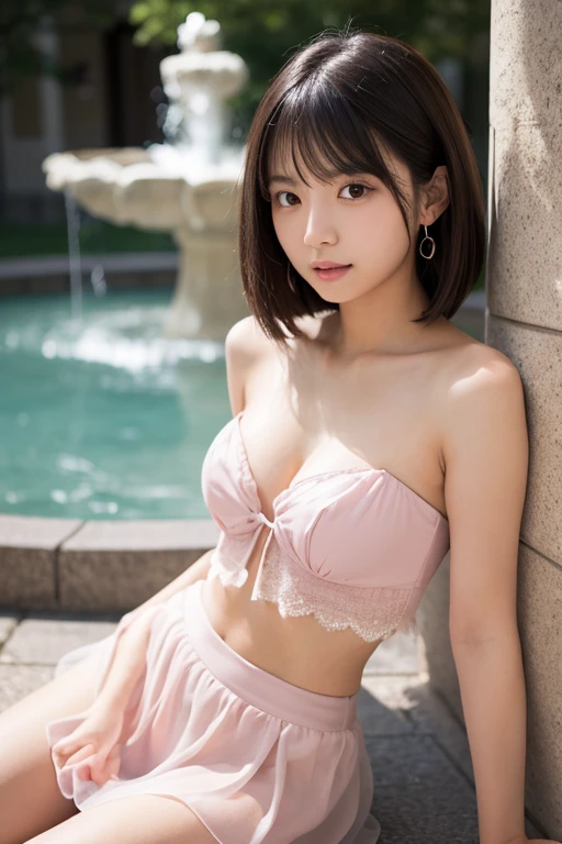 (Best Quality: 1.8), (High Quality: 1.8), (Ultra Detail), Ultra High Definition, (Masterpiece: 1.8), High Definition, High Definition, 8K Wallpapers, 8K, RAW Photos, (Real Sense: 1.4), Real and Realistic, High Definition RAW Color Photos, Professional Close-up Photos, Close-up Portrait Photos, Ultra High Definition, HDR, 8K Resolution, CG, Official Art, Perfect Lighting, Real, Details, Uniform, Super Elaborate CG Unity 8K Wallpaper, ulzzang-6500, 1 Girl, Slender Girl, Very Delicate and Beautiful Girl, Fit Body, Symmetrical, (Japan Actress), Solo, Solo Focus, Slim and smooth lines, Long hair, Slightly curly hair, Perspective Bang, Black | Brown Hair, Detailed Face, (Facial Feature Details), [: ( High Detail Face:1.2): 0.1], blush, blue eyes, beautiful eyes, nice eye makeup, puffy eyes, eye contact, star eye, wet sweat, smile, bright smile, happy, cute, Innobu-curly lips, lips, beautiful lips, white teeth, huge breasts, bulge, breast augmentation, thin waist, very fine skin, real skin, firm skin, side view (fair skin: 1.2), cowboy photo (half) body, (upper body: 1.1), dynamic light, glare, watch viewer, dreamy, NSFW, no text, ridiculous, incredibly silly, translucent clothes, ( Detailed clothing features), (tight, wet, short: sexy shorts: 1.3), (tulle panties), (panties with pink floral trim), (pink | lace | elegant | sheer | miniskirt)), plunges, lace | Sexy | Beautiful | Floral Pattern | tight bra, (floral lace bra)), (white bra)), soaked clothes, white ribbon, thin straps, landscape, outdoor, (Disney Castle)), bouquet, blue sky, (((majestic building)), very elaborate design background ((kneeling)), connecting hands and legs, ((elegance | crystal | diamond flip)), direct, Huge wreckage (((Hands off camera), Suzu Hirose
