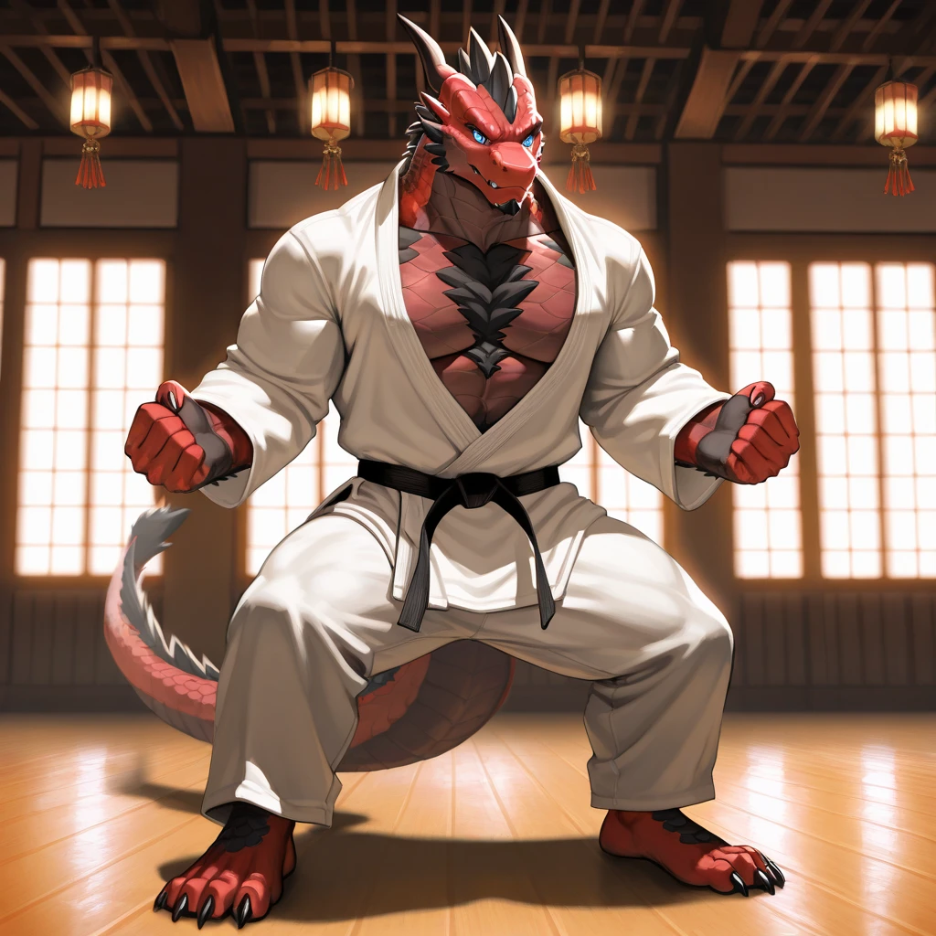 Massive orange dragon body、Bird-like beaked face、Sharp, beak-like mouth、Dragon in ethnic clothing、A shaggy scarlet mane、A lot of horns、Abdomen wrapped in white bandage、very small face、Crocodile-like scales、abnormally large muscles throughout the body、Beautiful and well-developed abuscles like a bodybuilder、drunken look、Reddish face、thick tongue、A very large amount of drool coming out of the mouth、Overflowing armpit hair、Pointy pubic hair、sharp fangs、Composition looking up from below、thick tail、Japanese room background、Pose with hips thrusting forward、arched back pose、Hugely bulging crotch bandage、Dragon's foot sole、sharp nails