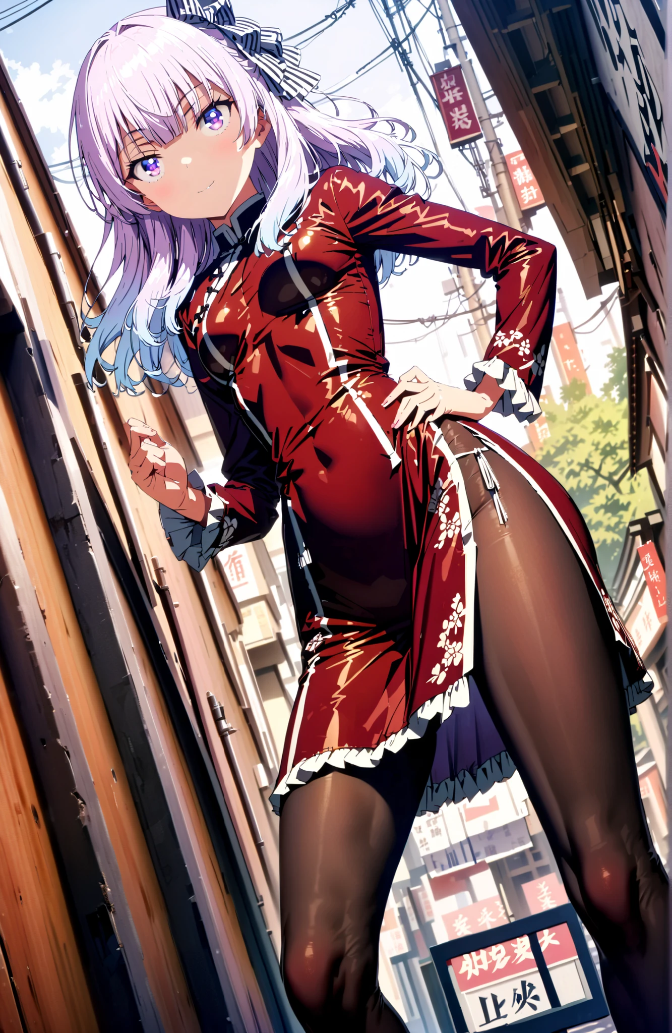  Sakayanagi Alice, long hair, solo,bungs, PURPLE EYES, white hair, blunt bungs,White Chinese clothing,long slit,black pantyhose,pin heels,standing,Grab your hips with your right hand,smile,blush,mouth,angle from below,full bodyがイラストに入るように,in their 40s looking at viewer,full body,
in their 40s outdoors,Chinatown,
in their 40s (masterpiece:1.2), best quality, high resolution, Unity 8Kの壁紙, ( illustration :0.8), (beautiful detailed eyes:1.6), very detailed face, perfect lighting, very detailed CG, (perfect hand in h, perfect anatomy),
