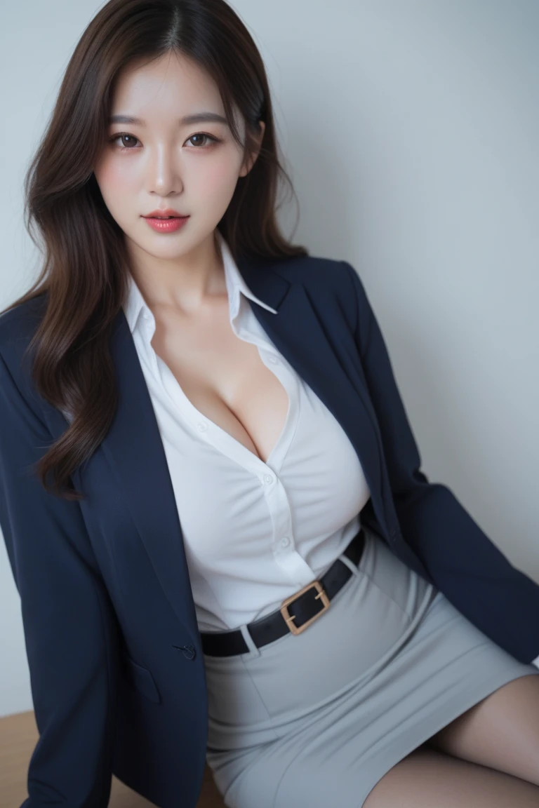 Tabletop, Highest quality, Realistic, Very detailed, finely, High resolution, 8k wallpaper, One beautiful woman,, Light brown messy hair, Wearing a business suit, Sharp focus, Perfect dynamic composition, Beautiful and detailed, Thin Hair, Detailed Realistic skin texture, smile, Close-up portrait, Model Body Type、Big Breasts