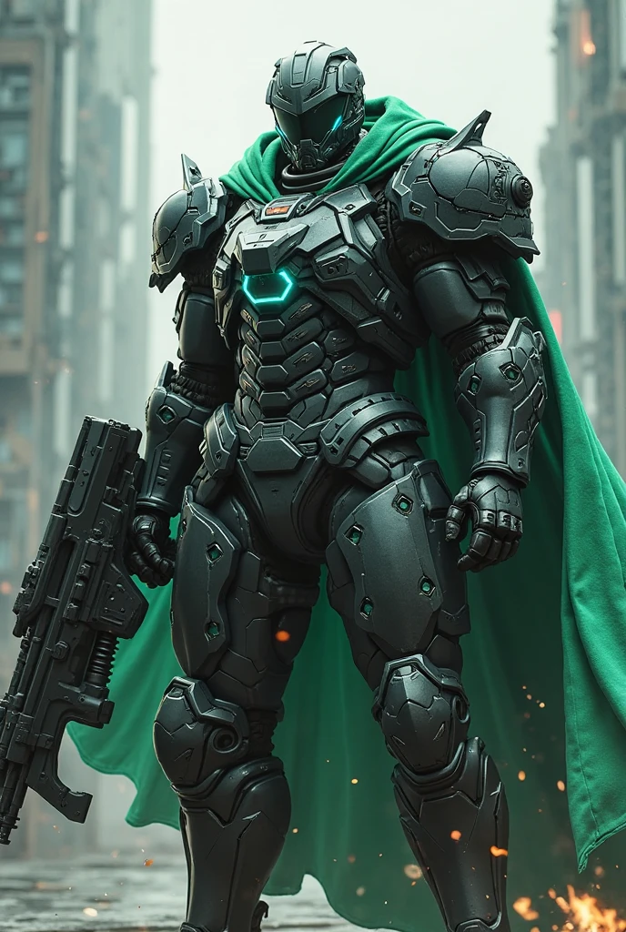 Make a version of a man, Make the helmet closed, Make it more muscular, As if it were an army troop, com armadura medieval mas no estilo futurista e cyberpunk, com mais detalhes cyberpunk na armadura, Do it by wearing a cape on the back, Make Modern Armor