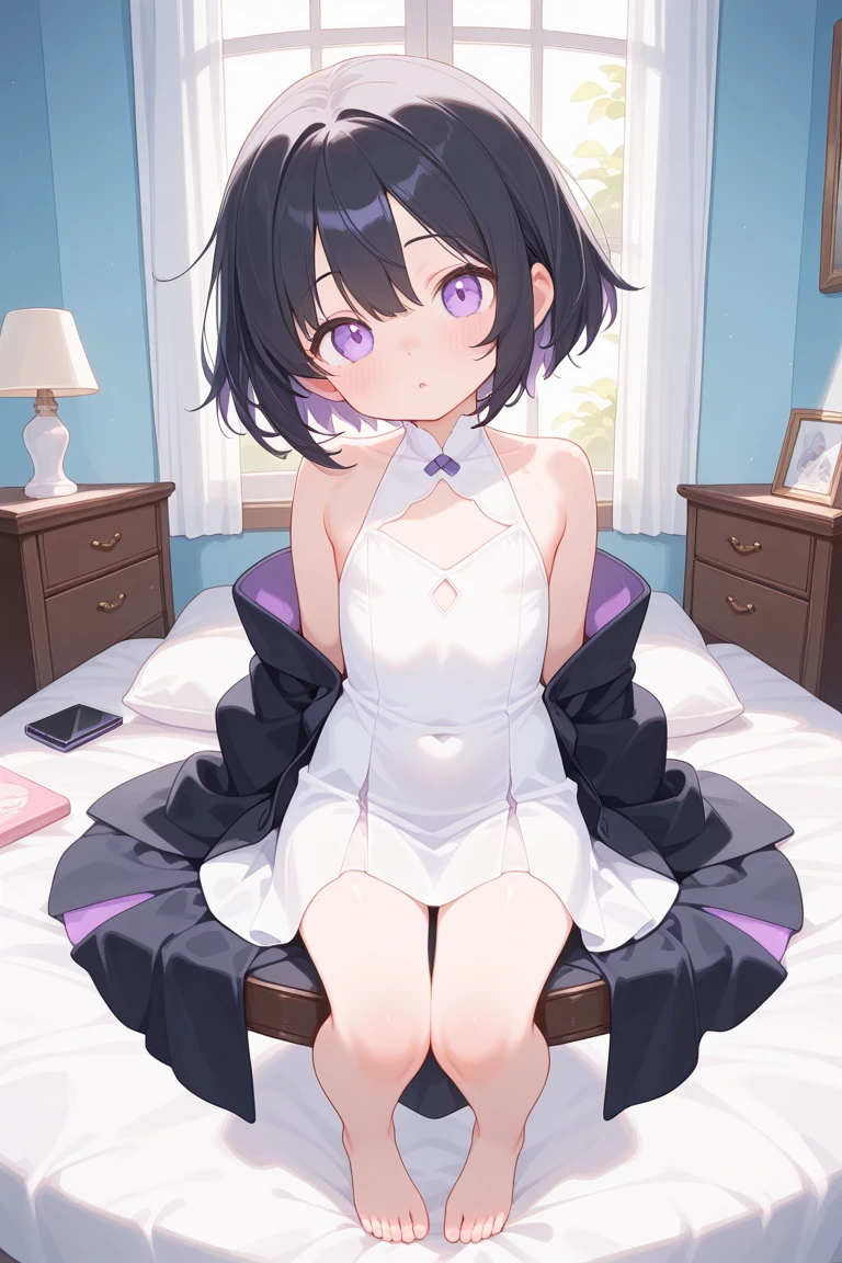 (8K、Top image quality、top-quality、​masterpiece)、1 loli、black hair shorthair、Pink eyes、laugh、Smaller chest、Rabbit ears、black playboy bunny、black pantyhose、sit on a bed、opening legs、Taken from the front、
