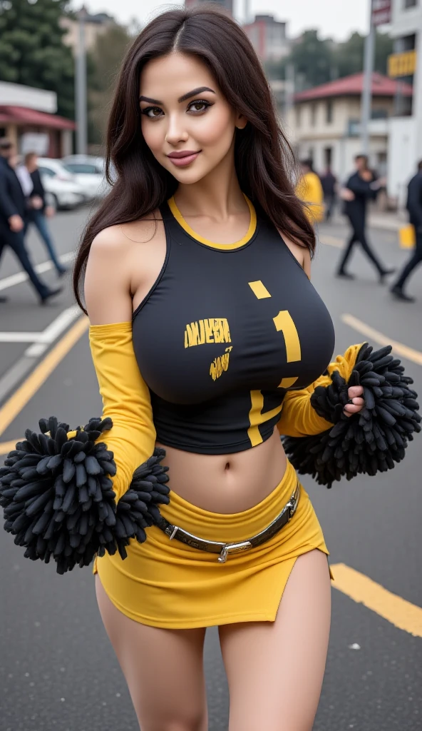 Woman perfect body set large breasts, wearing sexy football girl cosplay , gigantic breast ,