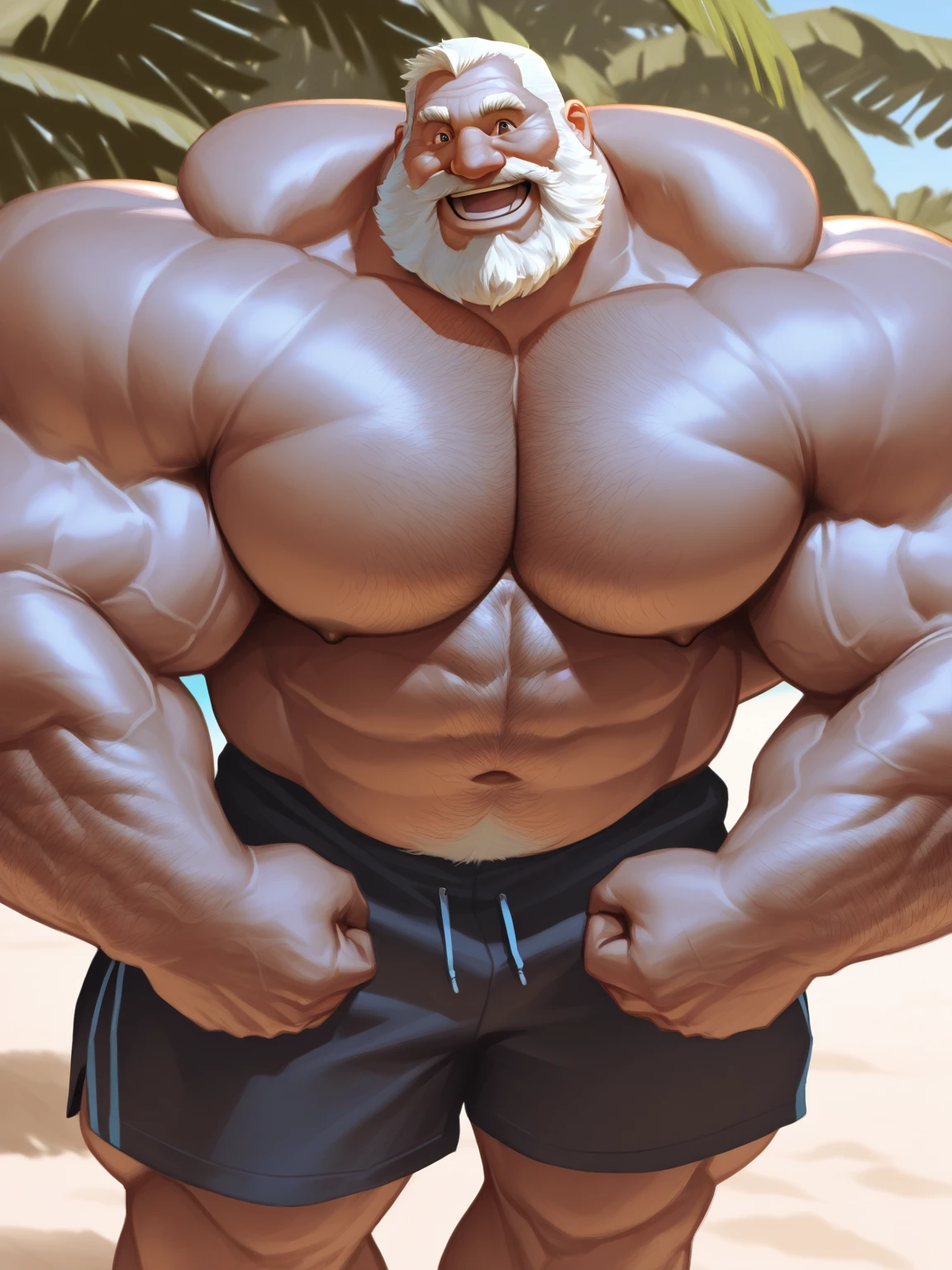 solo, 1boy, perfect anatomy, perfect proportion. smile, Huge Muscular Old man wearing soldier hat ,(white shorts), view from side, pectoral, thick arms, huge pectoral, wide pectoral, short white hair, red beard and hair, simple background, masterpiece, semirealistic:1.2, high detailed, 8k, high resolution, perfect center, full view. ((really big muscle, massive muscular, sixpack, thick arms, wide pectoral, super huge muscle, hyper muscular, over sized muscle, huge arms, big arms, huge pectoral))