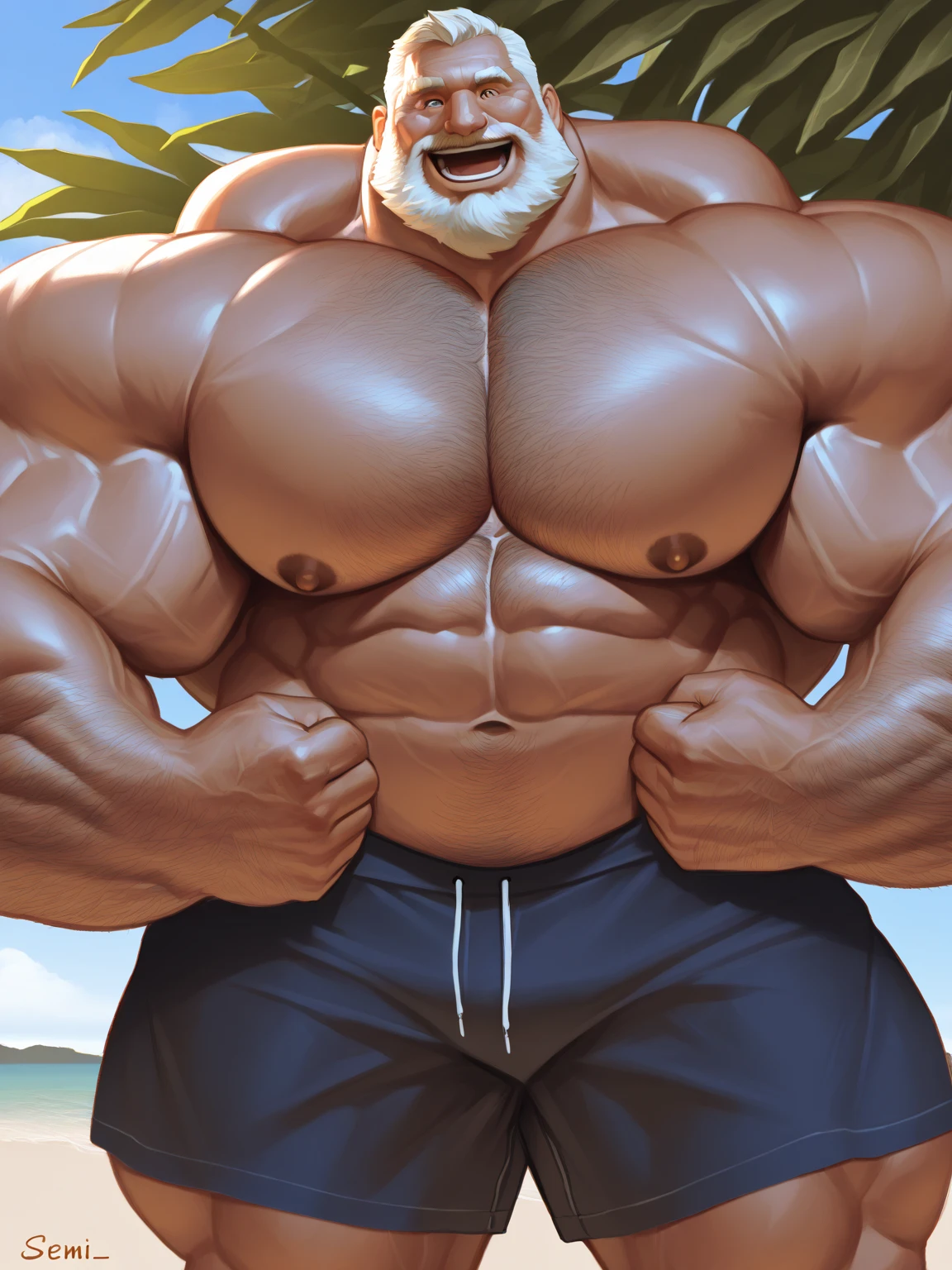 solo, 1boy, perfect anatomy, perfect proportion, smile, grinning, big eyes, happy. Huge Muscular Old man wearing corwn:1.2 and king cloack with short hair ,(white shorts), view from side, pectoral, thick arms, huge pectoral, wide pectoral, white hair, white beards, simple background, masterpiece, semirealistic:1.2, high detailed, 8k, high resolution, perfect center, full view. ((really big muscle, massive muscular, sixpack, thick arms, wide pectoral, super huge muscle, hyper muscular, over sized muscle, huge arms, big arms, huge pectoral))