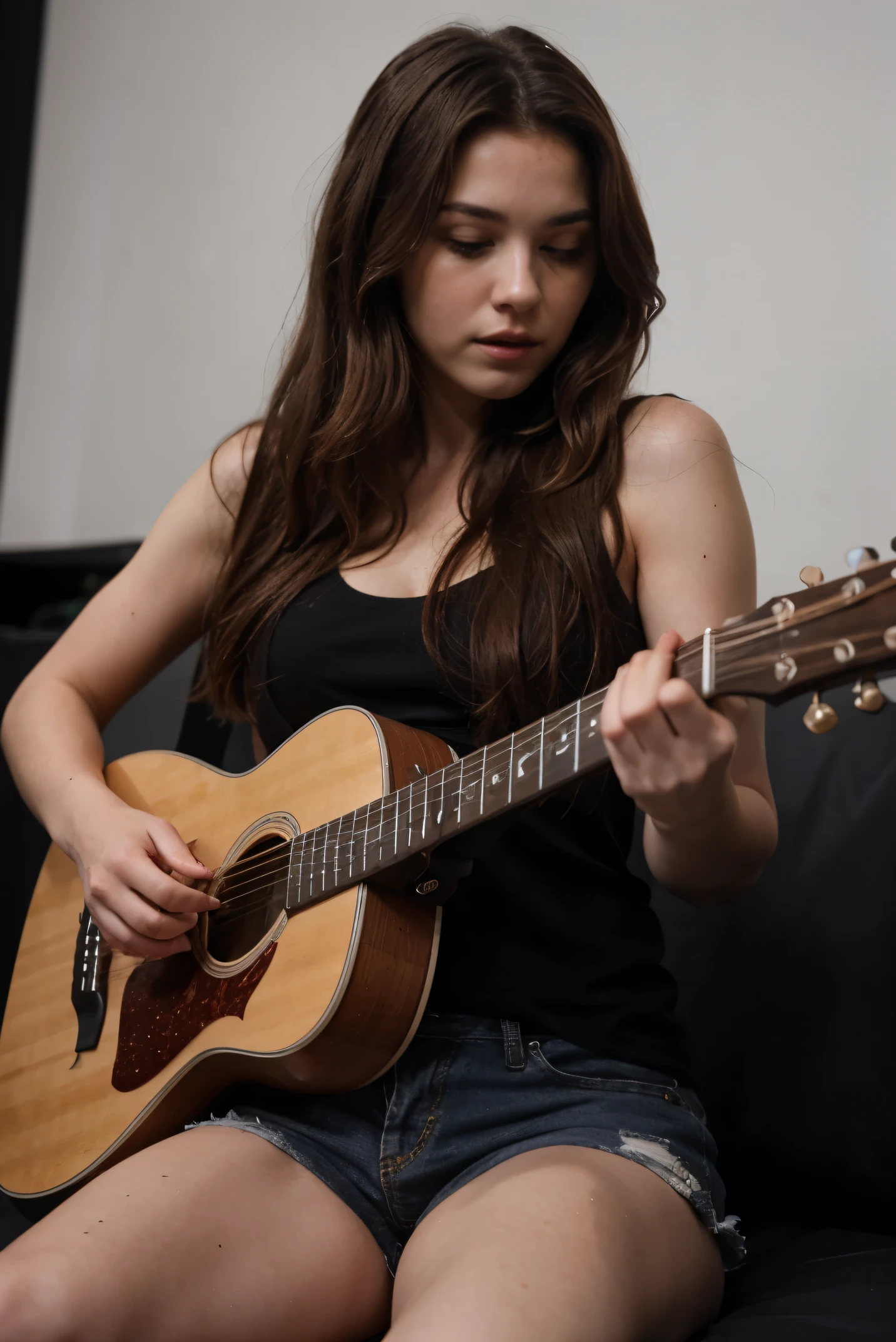 Medium format DSLR photo of a guitarist girl, age of 27, (detailed face features), full-body, (playing guitar), fit body, smooth body curves, , rembrandt lighting,   (8K, RAW photo, best quality, masterpiece:1.2), (realistic, photo-realistic:1.4), ultra-detailed (grainy:0.2) <lora:add_detail:1>   <lora:epi_noiseoffset2:1>