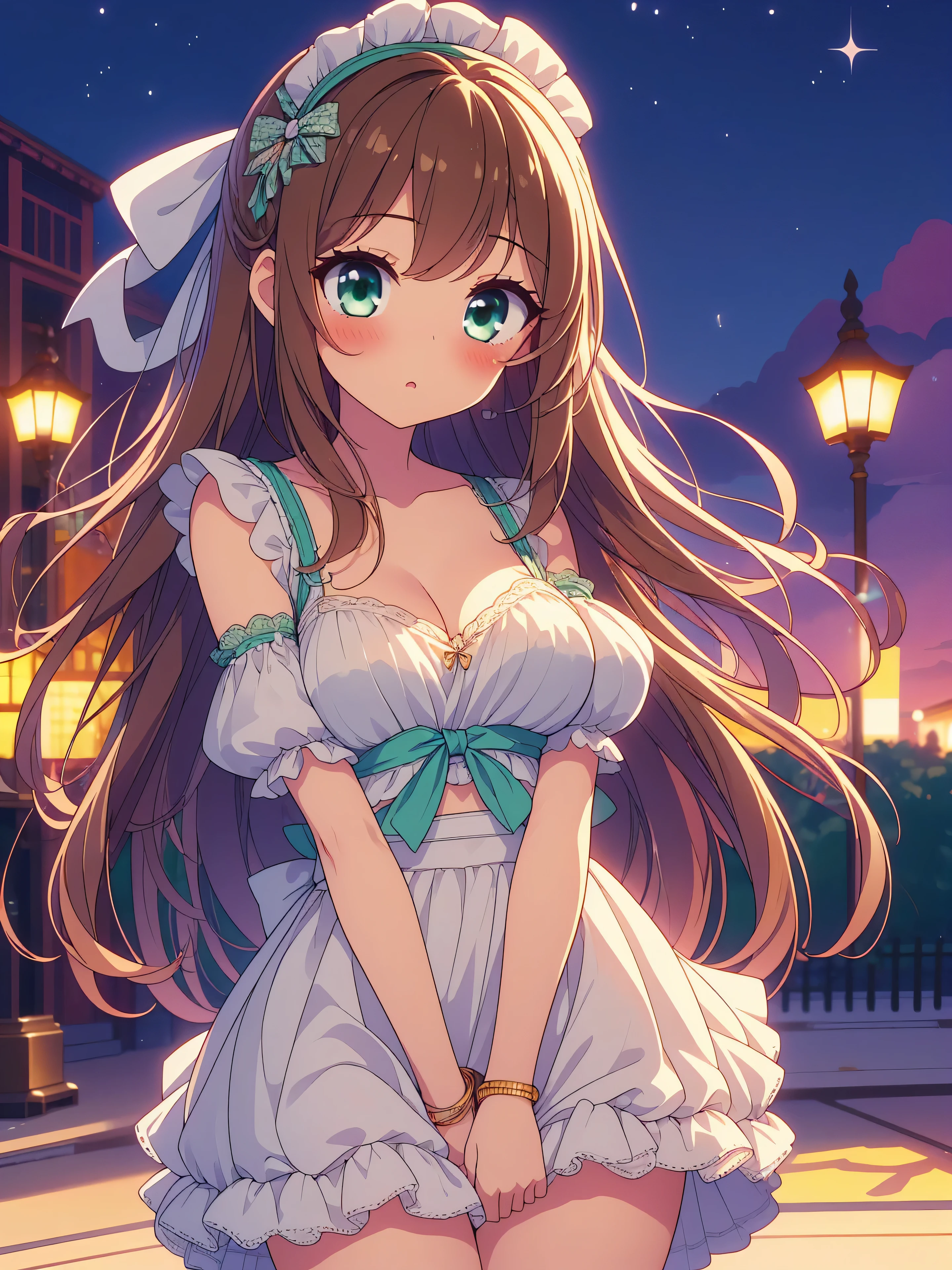 Highly detailed, high quality, masterpiece, beautiful, (all photo shooting, high angle), girl student, perfect eyes, green eyes, light eyes, blushing face, happy face, open thighs, big thighs, small breast, short stature, long hair, light brown hair, with bracelet on hand, bow in hair, headband, with short maid outfit, with panties stuck between vagina, shows full panties, sexy, background image in a night planter