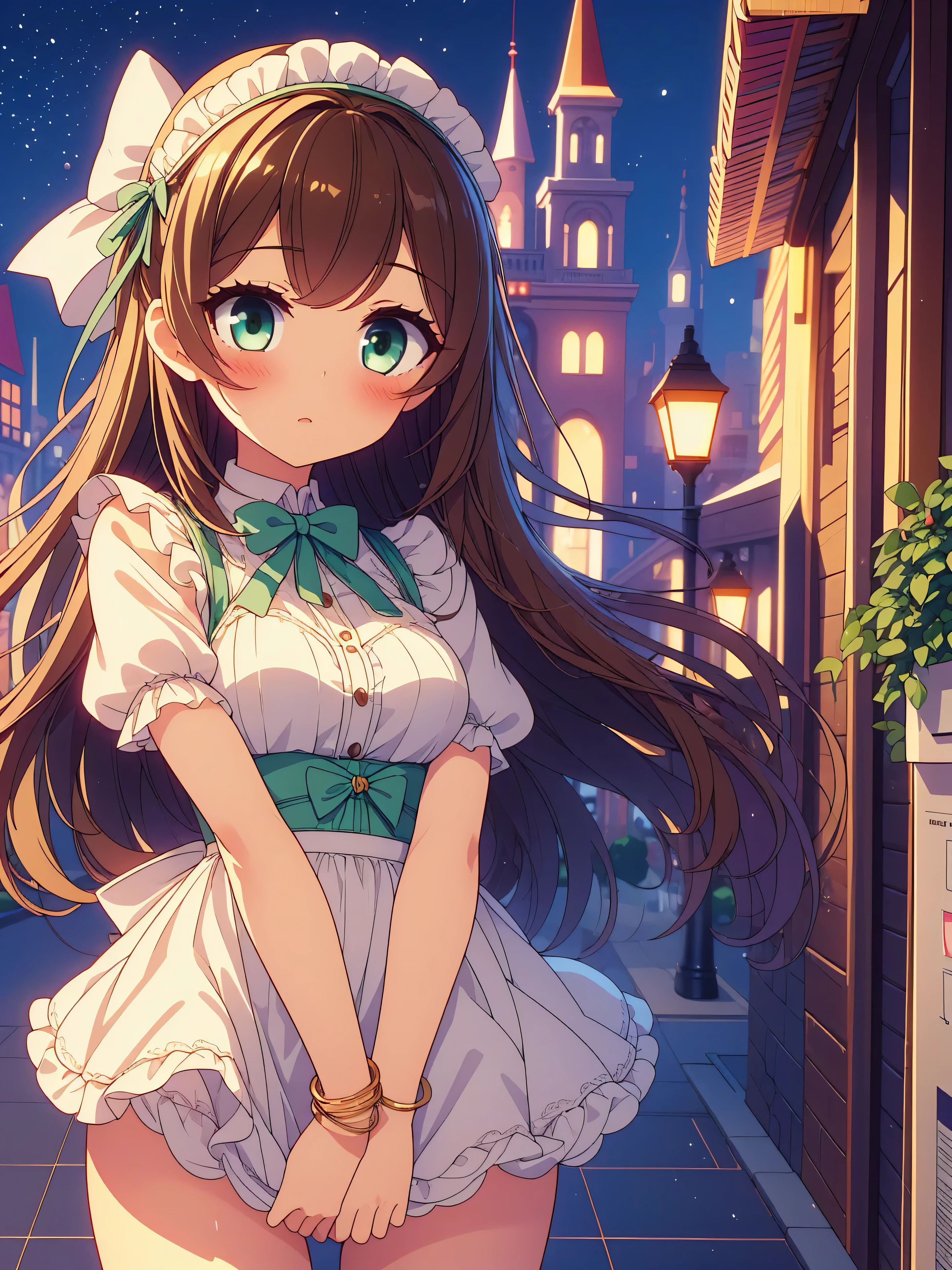 Highly detailed, high quality, masterpiece, beautiful, (all photo shooting, high angle), girl student, perfect eyes, green eyes, light eyes, blushing face, happy face, open thighs, big thighs, small breast, short stature, long hair, light brown hair, with bracelet on hand, bow in hair, headband, with short maid outfit, with panties stuck between vagina, shows full panties, sexy, background image in a night planter