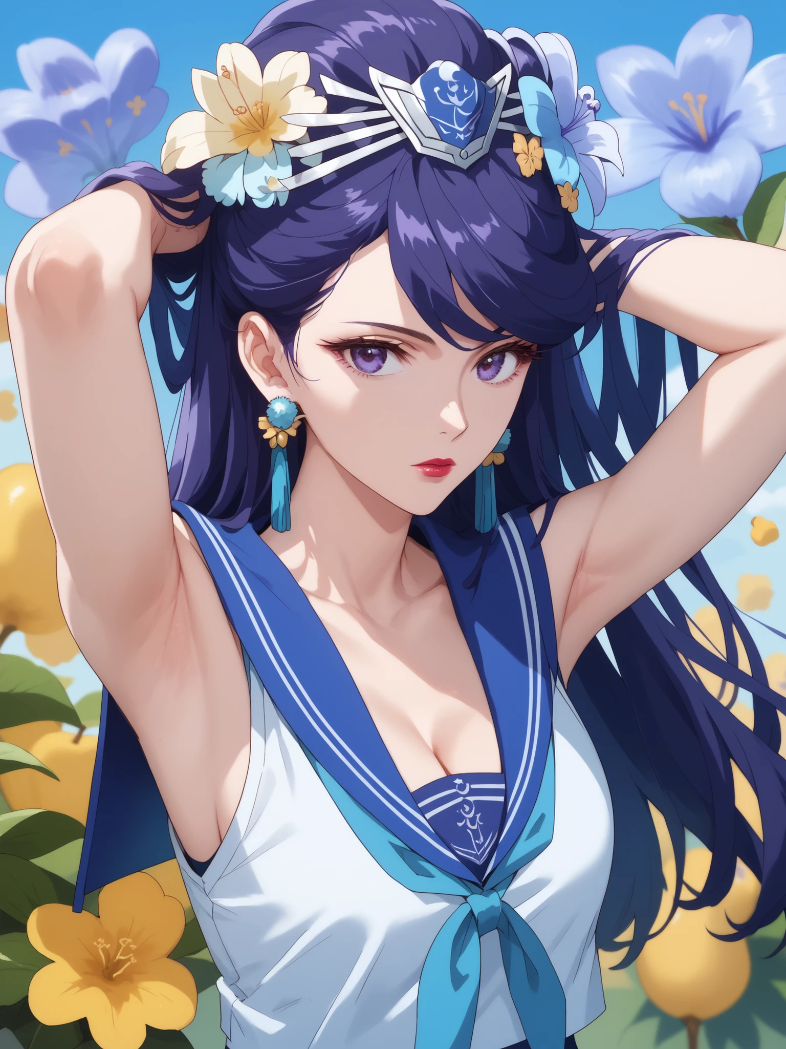 best quality, masterpiece,armpits,(stare at the viewer),Pear Blossom,Every Single Person at the Drugstore,sleeveless,cleavage,((((Sailor Suit)))),long hair, purple eyes, purple hair, flower, earrings, hair flower, lipstick,