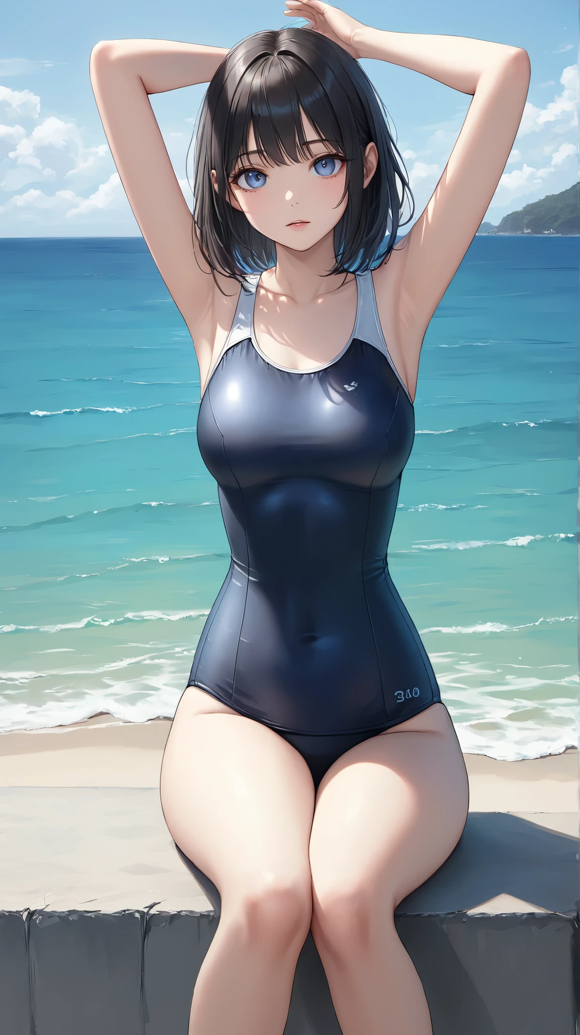 ((masterpiece,best quality,ultra detailed,high resolution)),(daytime,clear weather,lighting forward,bloom),((solo,girl)),(black hair,straight hair),(beautiful detailed face,beautiful detailed eyes),(finely detailed skin,fair skin),slender,smile,(navy swimsuit),(on the pool,beautiful sky),sitting,((close up pussy)),(from below),