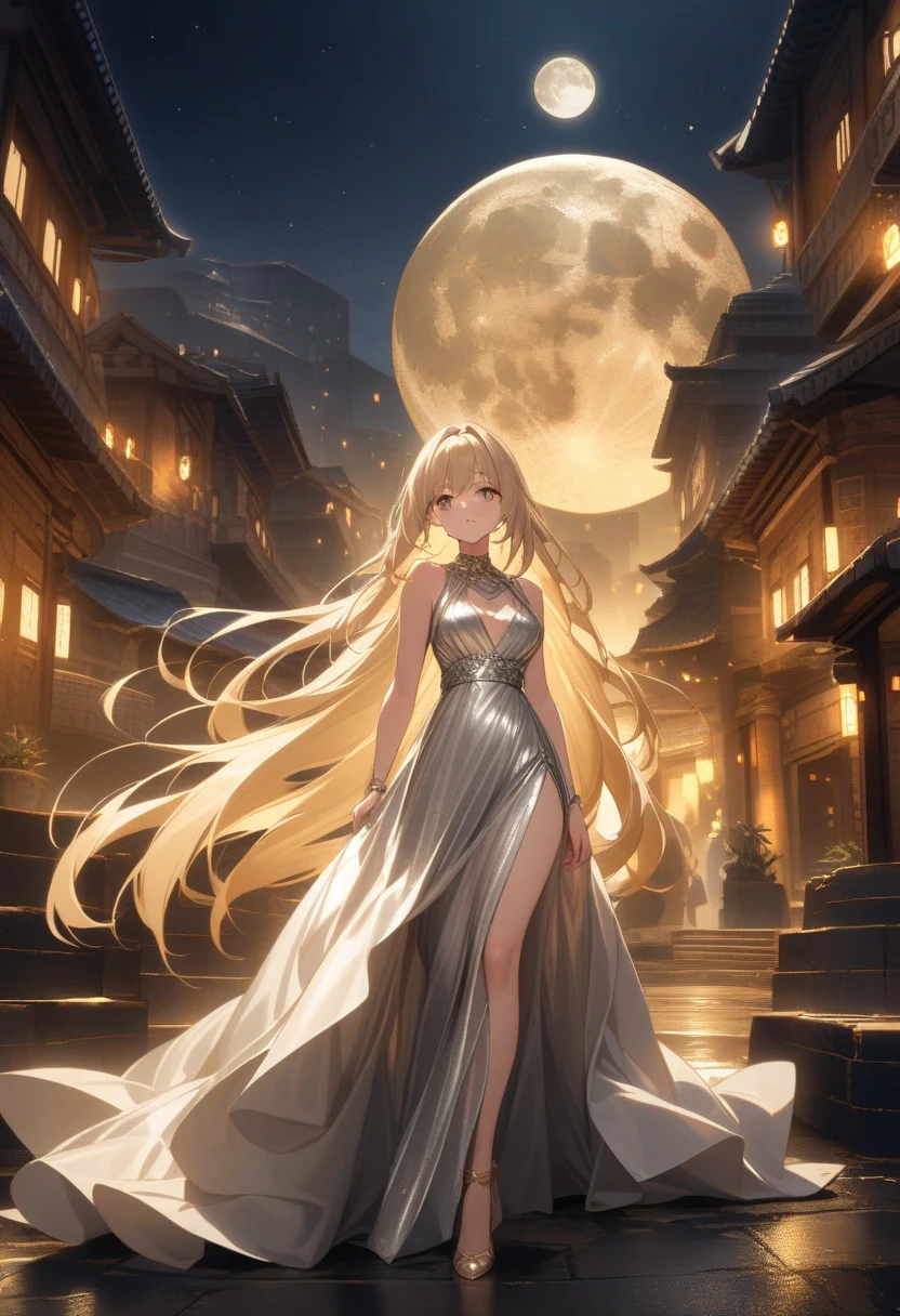 1 girl, alone, silver hair, long wavy hair, yellow eyes, bright pupils, long dress, white dress, night background, full moon, warm light