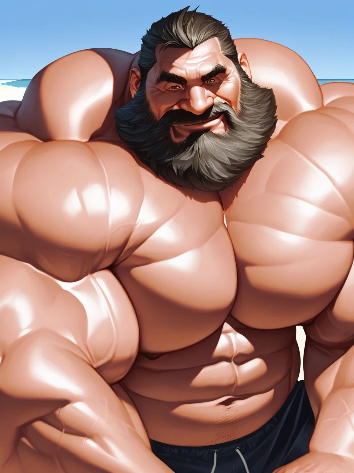 An american fisherman with a beard and a body builders body his muscles are highly defined and huge. He is standing holding a net full of fish he has just caught.  35 mm exposure