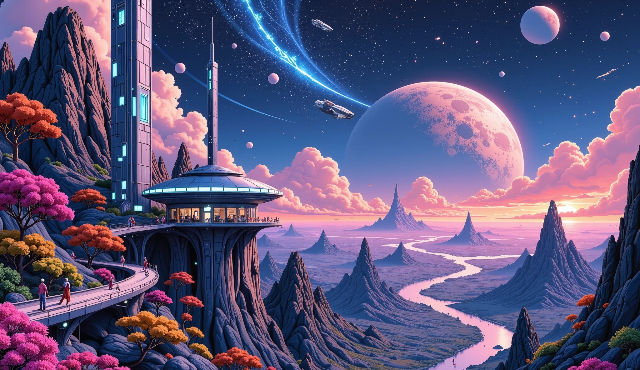 "미래적인 style (Prospects of the universe:1.3), It depicts a beautiful alien planet being colonized by an advanced civilization. emits a glowing stream of light that nurtures the planet's topography (Alien Buildings:1.4) surrounded by glowing bioluminescent flora in vibrant neon colors, Reflects the planet's unique ecosystem. Future cities rise above the horizon (Advanced Technology Utopia:1.3), It has a floating platform connected to a smooth metal building and a shiny energy bridge.
The sky is vast and cosmic, Depicted as a swirling Milky Way, Clusters of Shining Stars, and vibrant nebulae (Interstellar Details:1.4), Future cities rise above the horizon. while multiple moons orbit the horizon ( Dynamic Motion :1.2), and an awe-inspiring cosmic aesthetic. Alien settlers wearing intricate suits and glowing visors interact peacefully with indigenous creatures, Symbolize harmony and creativity. style: ultra-precise, vibrant, Cinematic Lights, soft texture, Clean Futuristic Lines, spaceships gracefully over the surface It floats."