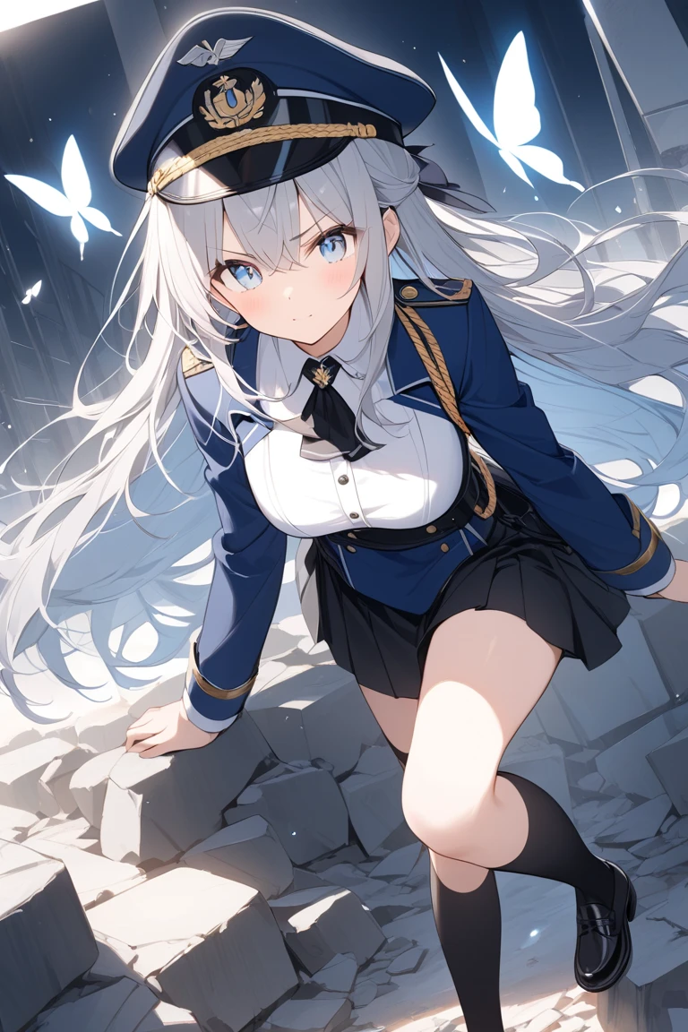 ((Masterpiece), Best Quality, Girl, (Uniform), Silver Shorthair, Blue Eyes, (Skirt Deflected by the Wind), White Panties, (Shy Face), (Shy Face), (Angry Face), Perfect Anatomy