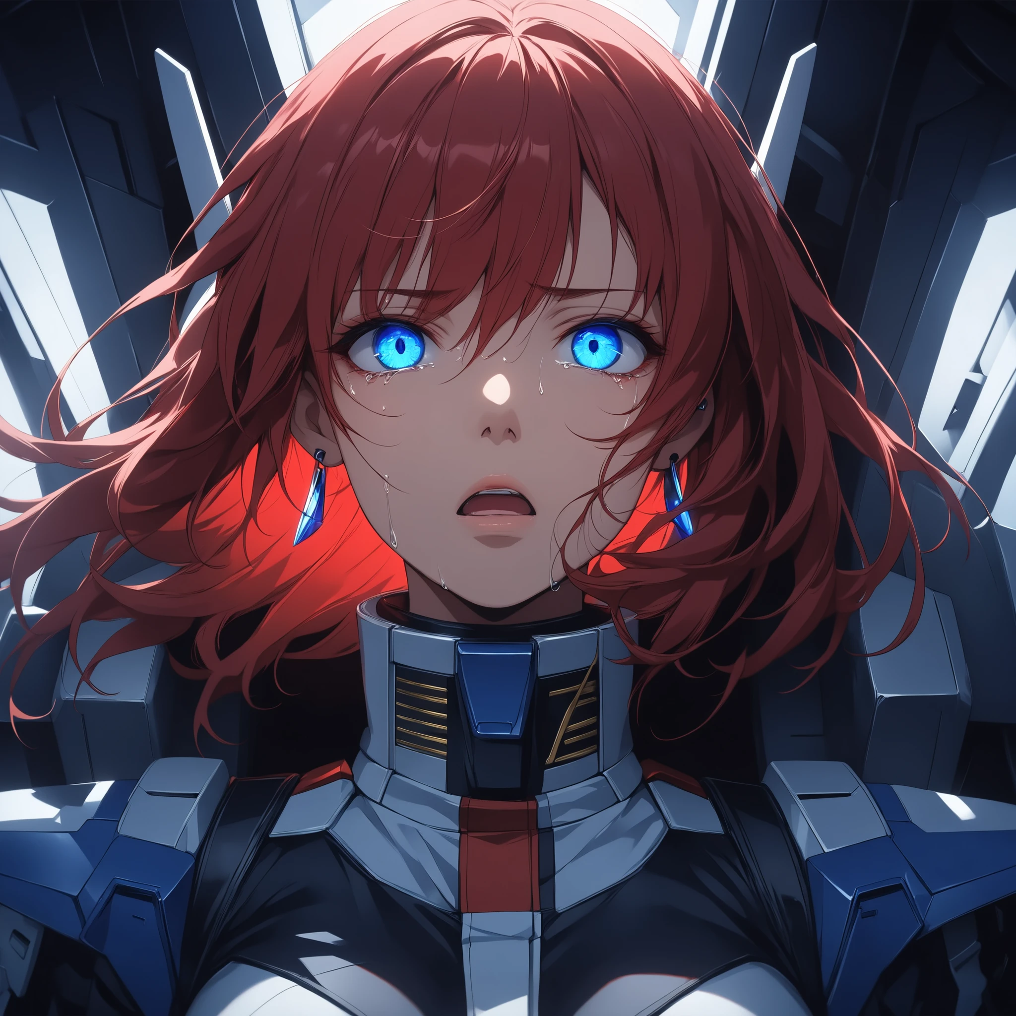 ((extreme quality)), ((Masterpiece)), (( Enrich the picture, Masterpiece level quality)), red hair , Mid-length Layers hair , medium breasts , blue eyes , fierce woman , extreme eyes details, raw 4k, perfect proportions , extreme hair detailed, extreme cloth detailed, extreme detailed , extreme background detailed, ((great effect to highlight the subject)) , ( cinematic lighting , moody , textile shading) , perfect proportions , extreme detailed , volumetric lighting , soft lighting , glossy skin, glossy hair, beautiful face , extreme face details, Detailed facial features , Long eyelashes, Incredible atmosphere, Fascinating setting, dynamic pose, ear rings , eff pilot , black flight suit , strike freedom gundam cockpit, sitting, afraid face, afraid eyes, crying, I'm screaming with my mouth open,