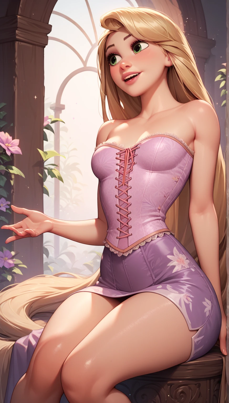 Rapundzel, busty, super hot, short dress, stockings, can see panties