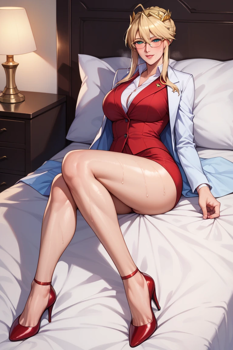 score_9, score_8_up, score_7_up, source_anime, rating_explicit, milf woman, Shion Karanomori based, blonde short wavy hair, encorped, white jacket, red boots, naughty smile, red glasses, red liptcik, red bra, red panties, sit, crossed legs, in bed,  room background, milf

