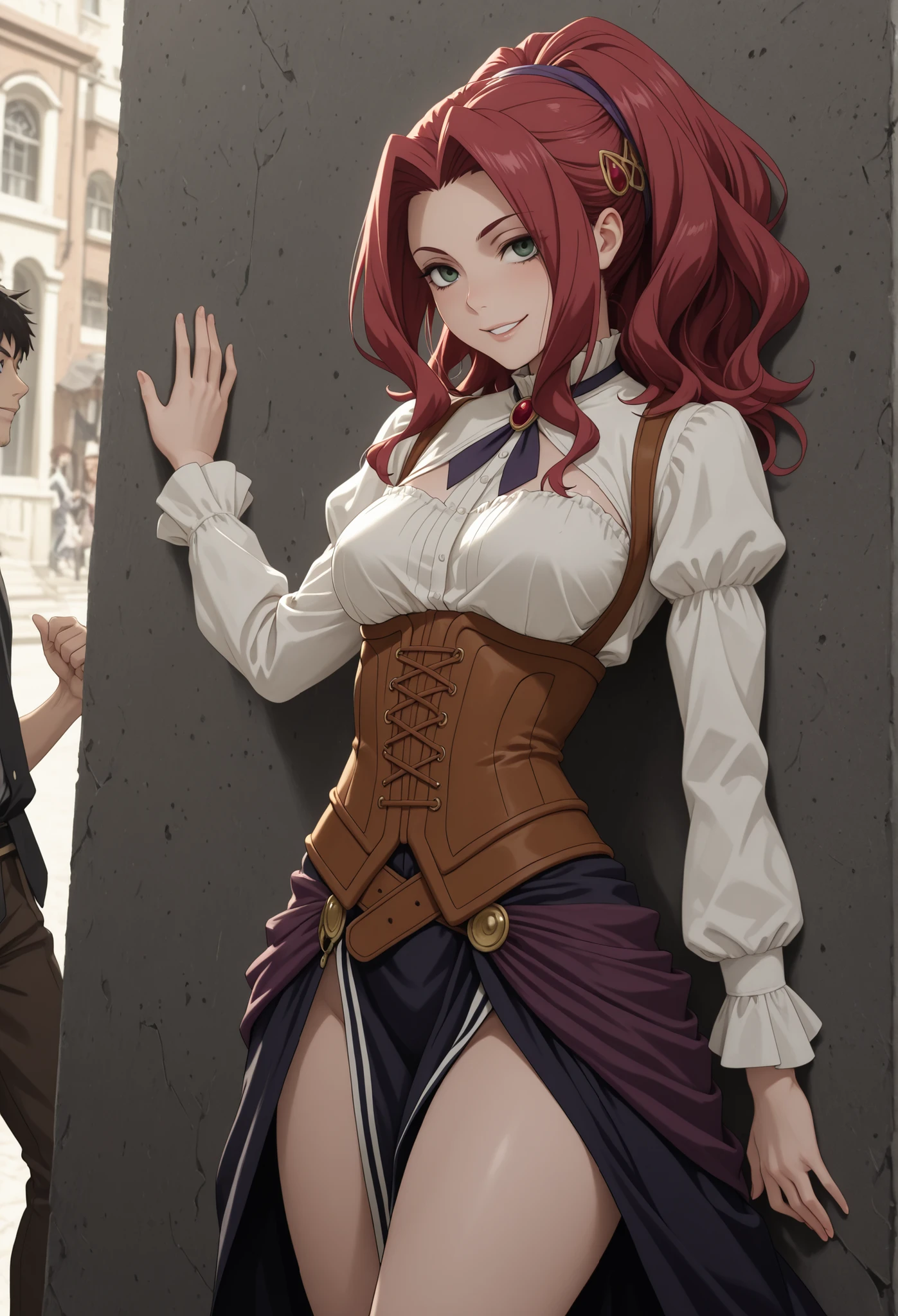 obra-prima, Best Quality, cowboy tie , sozinho, 1 , Malty Melromarc, long hair, green eyes, red hair, distributed fringe, ponytail, medium breasts, standing, against the wall, looking at the spectator, naughty smile, suada, very attractive, sexy