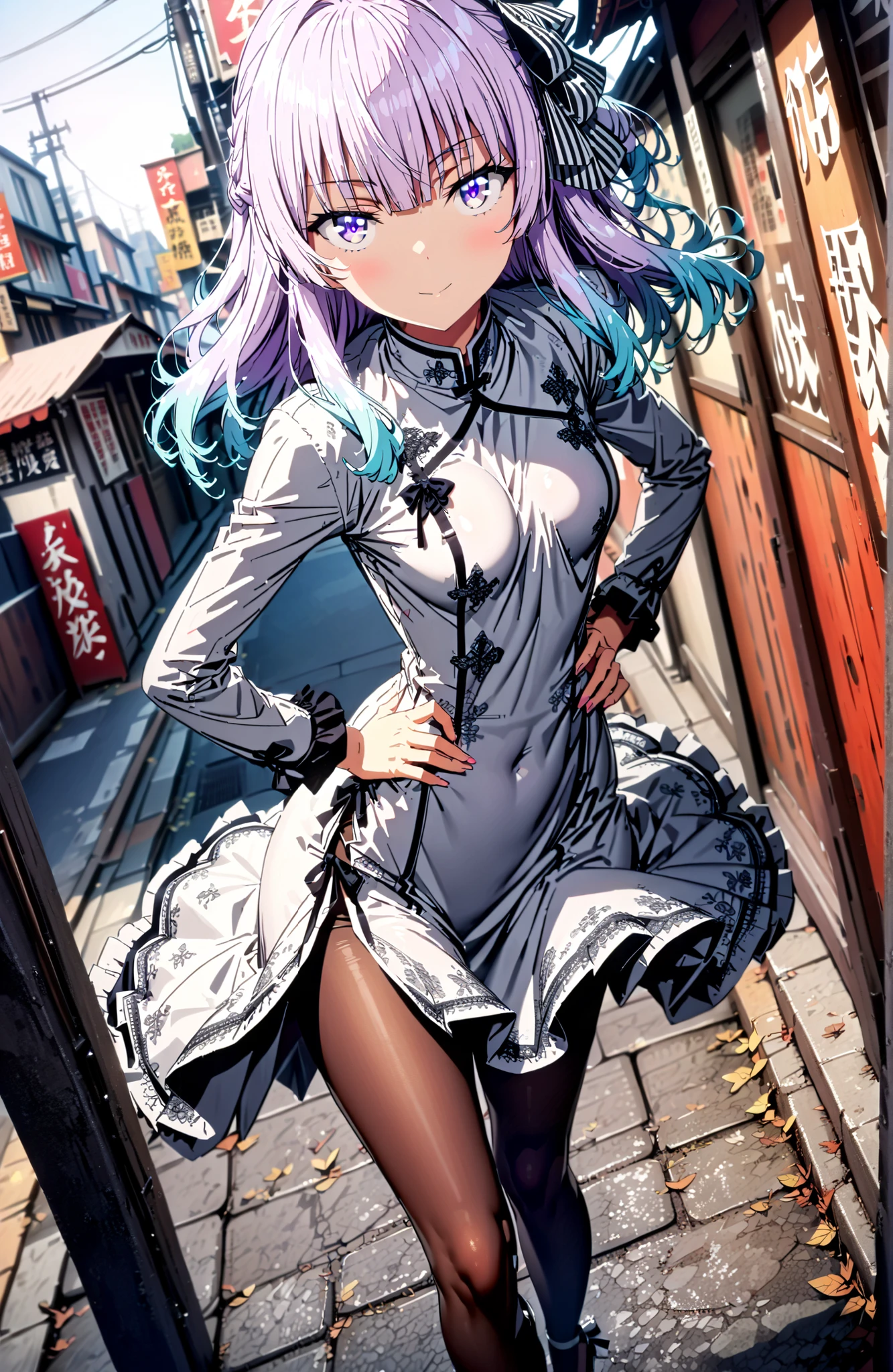Sakayanagi Alice, long hair, solo,bungs, PURPLE EYES, white hair, blunt bungs,White Chinese clothing,long slit,black pantyhose,pin heels,standing,Grab your hips with your right hand,smile,blush,mouth,angle from below,full bodyがイラストに入るように,in their 40s looking at viewer,full body,
in their 40s outdoors,Chinatown,
in their 40s (masterpiece:1.2), best quality, high resolution, Unity 8Kの壁紙, ( illustration :0.8), (beautiful detailed eyes:1.6), very detailed face, perfect lighting, very detailed CG, (perfect hand in h, perfect anatomy),
