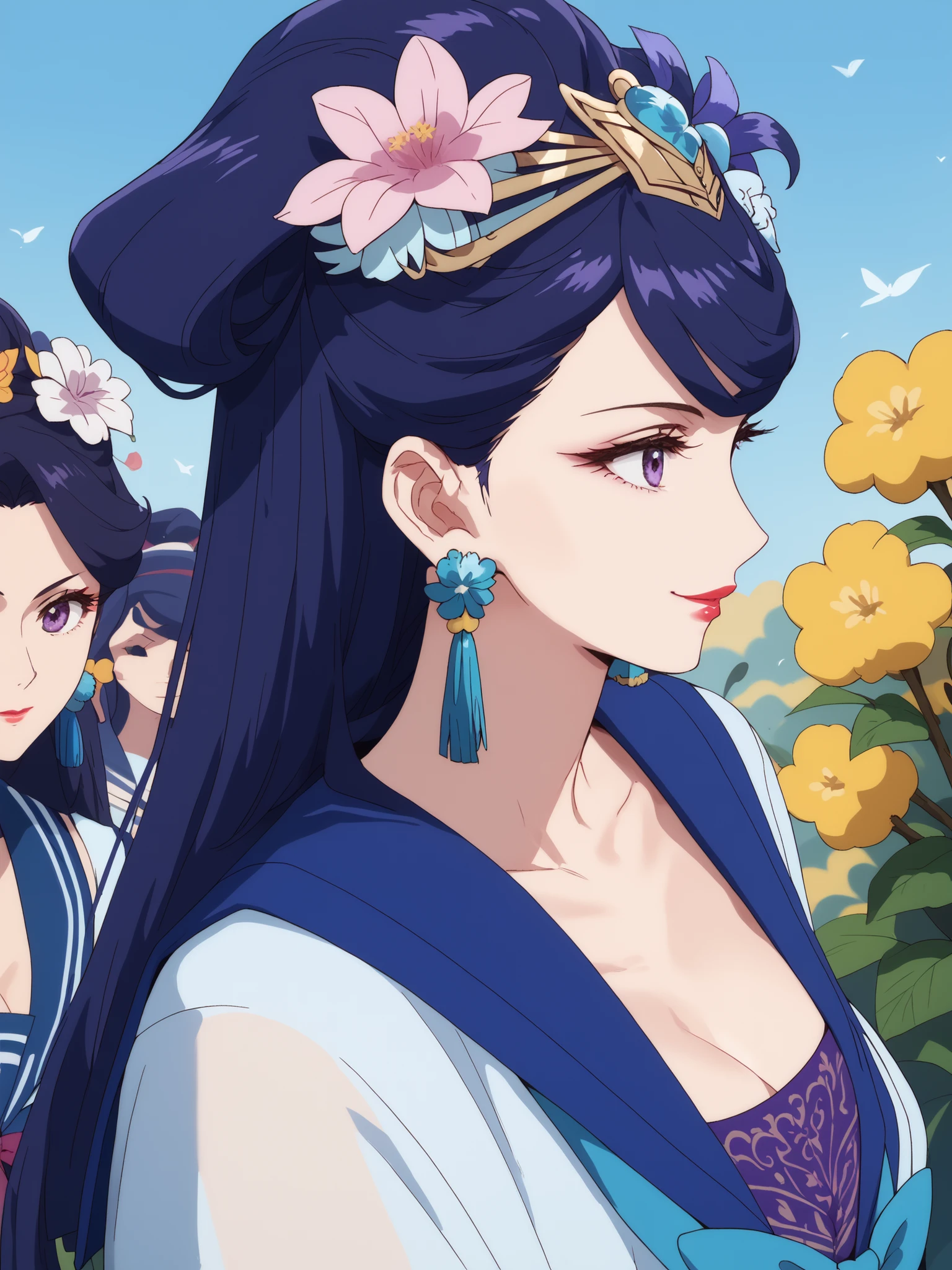 best quality, masterpiece,armpits,(stare at the viewer),Pear Blossom,Every Single Person at the Drugstore,sleeveless,cleavage,((((Sailor Suit)))),long hair, purple eyes, purple hair, flower, earrings, hair flower, lipstick,smile,profile,