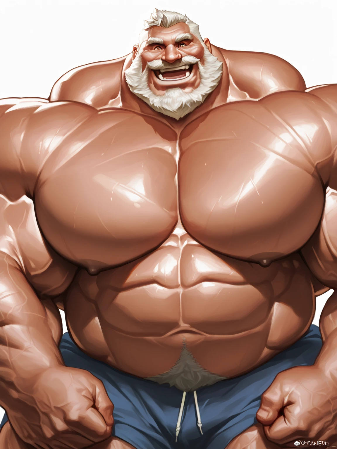 solo, 1boy, perfect anatomy, ground view, wrinkles skin, low shoot, down view, perfect proportion, thick body, thick thighs, sharp eyes, big eyes, smile, perfect fingers, big hand, fingers. Huge Muscular Old man with short hair, in sumo dojo,(fundoshi:1.2), view from down, pectoral, thick arms, huge pectoral, wide pectoral, white hair, white beards, masterpiece, semirealistic:1.2, high detailed, 8k, high resolution, perfect center, full view. ((really big muscle, massive muscular, sixpack, thick arms, wide pectoral, super huge muscle, hyper muscular, over sized muscle, huge arms, big arms, huge pectoral))