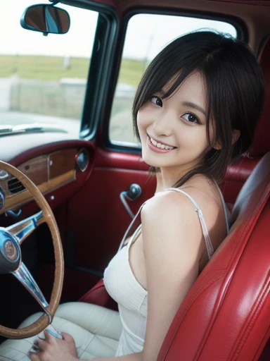 (8K、Raw photography、top-quality、​masterpiece:1.2)、(realisitic、Photorealsitic:1.37)、ultra-detailliert、超A high resolution、女の子1人、see the beholder、beautifull detailed face、A smile、Constriction、(Slim waist) :1.3)、Beautiful detailed skin、Skin Texture、Floating hair、Professional Lighting、Whole human body、Longhaire、a blond、Indigo underwear、cleavage of the breast、Bob Hair、E Cup Breast、Happy smile、sixteen years old、Red ribbons、a baby face、Childish smile、Suppin、Car passenger seat、Constriction of the lower back、de pele branca