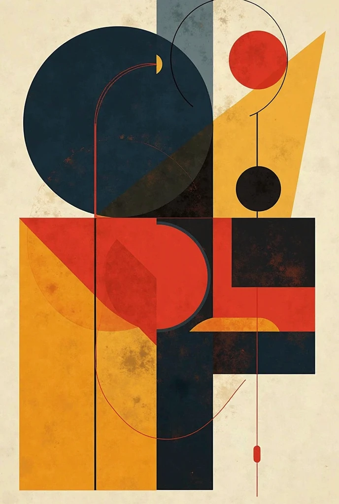 Bauhaus-inspired geometric abstract design, clean minimalist composition, bold primary colors (red, blue, yellow), stark black and white accents, sharp lines and perfect circles, rectangles, and triangles, balanced asymmetry, high contrast layout, flat color fields, strong architectural influence, grid-based structure, mid-20th century modernist style, inspired by Kandinsky, Klee, and Moholy-Nagy