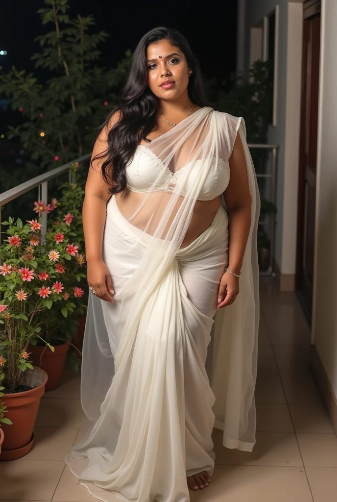 Indian model,40 year old mature woman, plus size body type,dark brown oily skin, glossy red lips,long black hair, wearing white saree, wet body, wet saree, ripped clothes ,see through clothes,raining, outdoor background, greenish background, full body view, high resolution