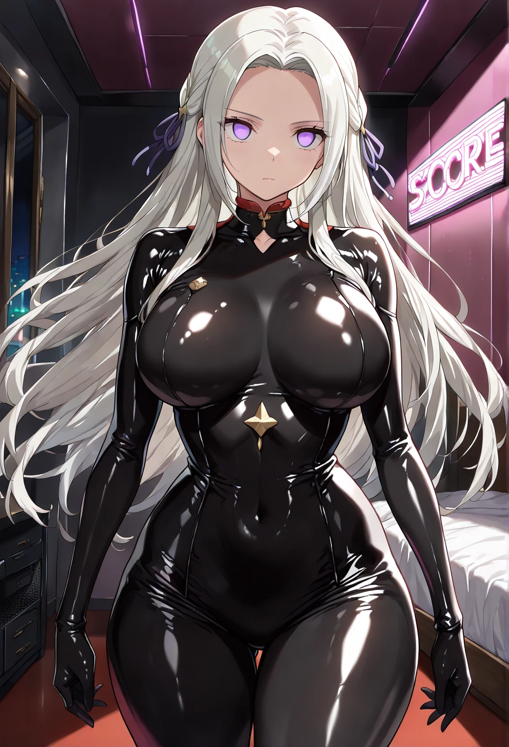 女の子1人, Wet Picture-Beautiful Face, lila Haar, pantyhose Bodysuit, bedeckter Bauchnabel, lila Augen, Hüftwind, niedlich, Schauen Sie sich den Viewer an, Night Town, Neon, Spread legs, feet standing