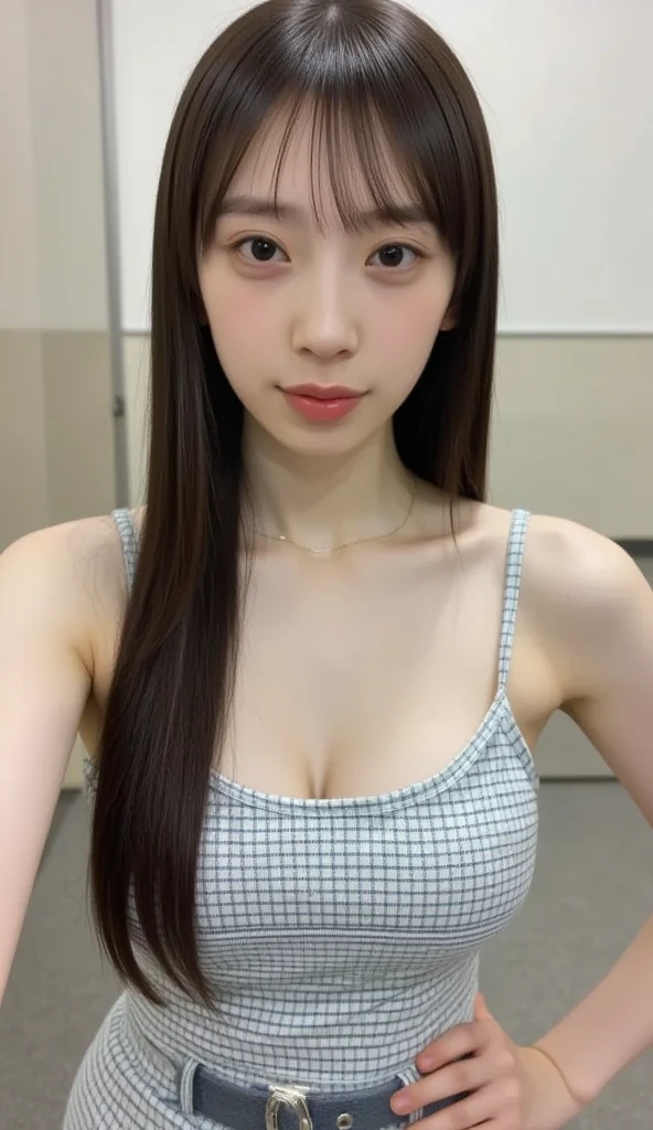 Korean woman, Kwon Eunbi, long hair, black hair, thick flat bangs hair, sexy woman, K-pop idol, smiling, single woman, large breasts, tight strapless tube top pink colour, mini legging pants white colour, shoes white colour, sexy pose