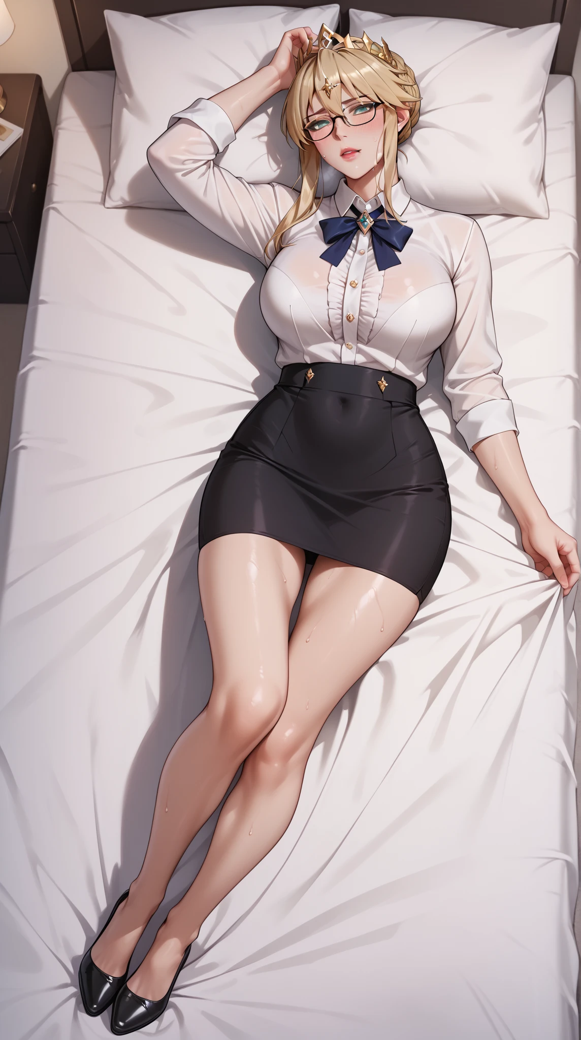 1 girl, game CG, plain black T-shirt, white short skirt, hair scrunchie, gigantic breasts, blonde, middle hair, side ponytail, green eyes, dakimakura, full body,