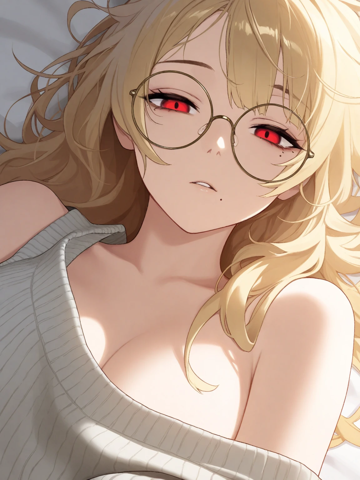 kelolinde,1girl,jewelry,breasts,skirt,solo,shirt,pencil skirt,black skirt,bra,cleavage,pantyhose,necklace,looking at viewer,holding,black bra, yellow hair,red color eyes, detail face, detail hair, detail eyes,unfriendly face